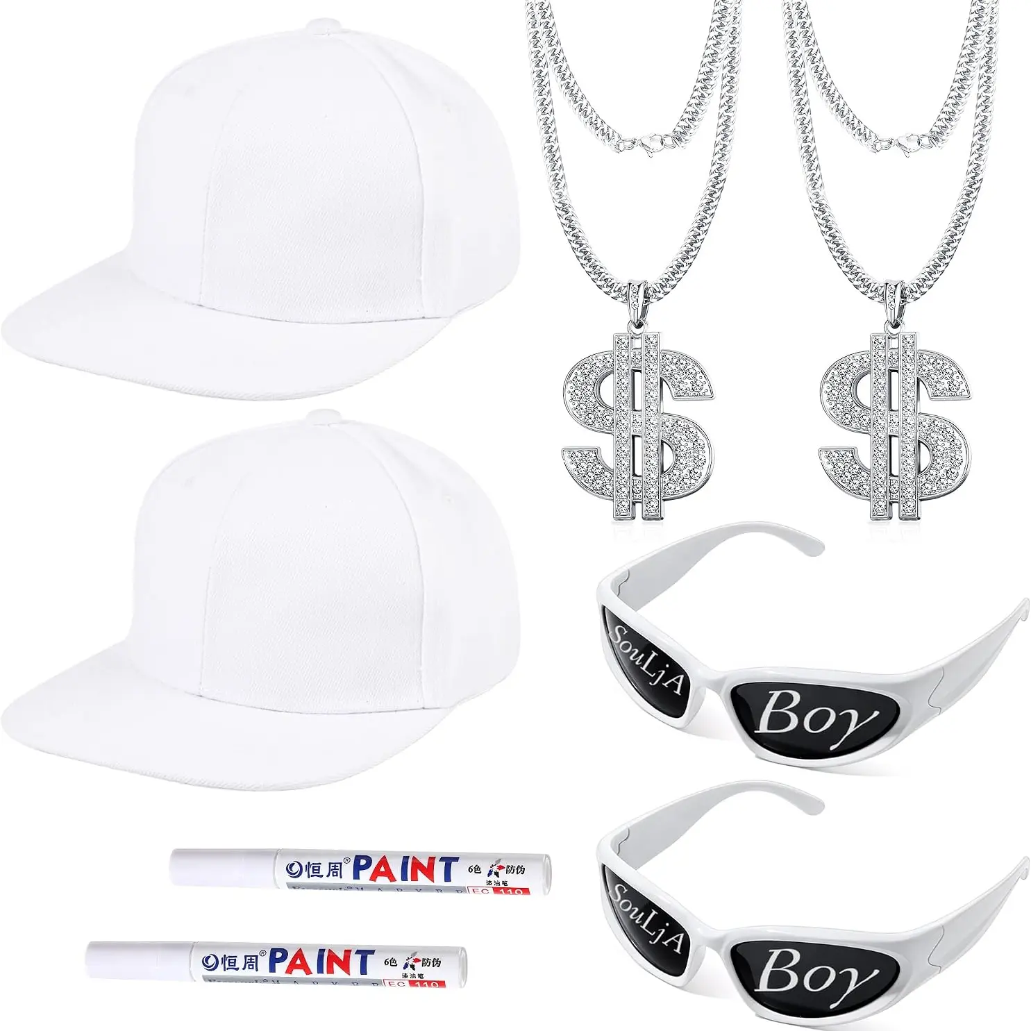 Unisex 8-Piece Old-School Hip Hop Rapper Costume Kit - 80s 90s 2000s Themed Parties Outfit Set with Snapback, Sunglasses, Dollar Necklaces, Customizable Lens Sunglasses, Pen