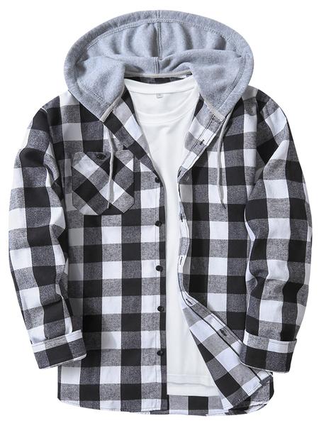 Men's Flannel Hooded Plaid Shirt Jacket, Casual Button-Down Long Sleeve Fashion with Pockets, Stylish Men's Outerwear, Menswear