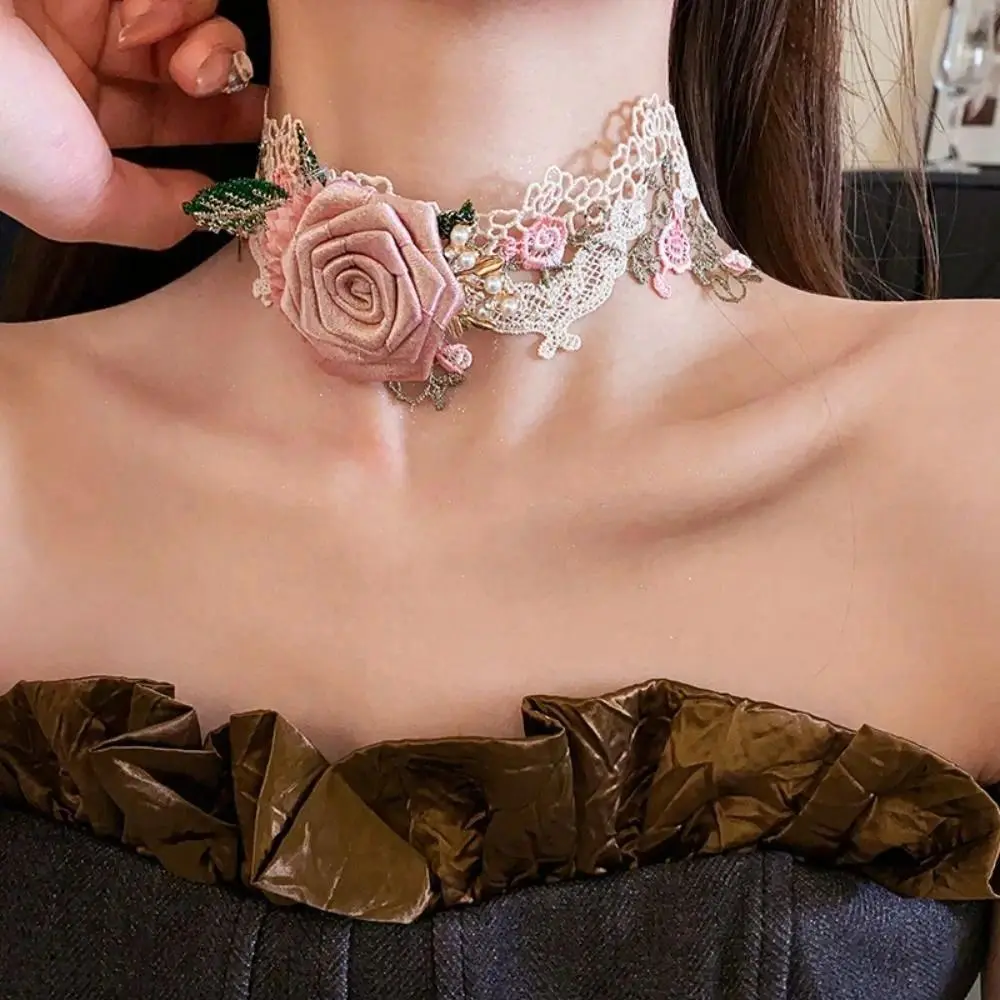 French Style Lace Flower Choker Textured Exquisite Rose Choker Necklace Neck Jewelry Pearl Sweet Fabric Choker Take Photo