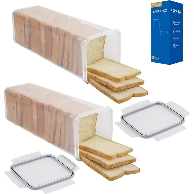 2 Pack Bread Box for Kitchen Counter, Large Plastic Bread Storage Container with Airtight Lid, Tall Bread Keeper for Sandwich Loaves & Bakery Storage