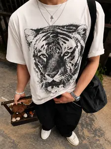 Men's Tiger Print T-Shirt, Casual Loose-Fit Short Sleeve Jersey, Comfortable Graphic Tee for Spring & Fall, Outdoor & Party Wear, Menswear