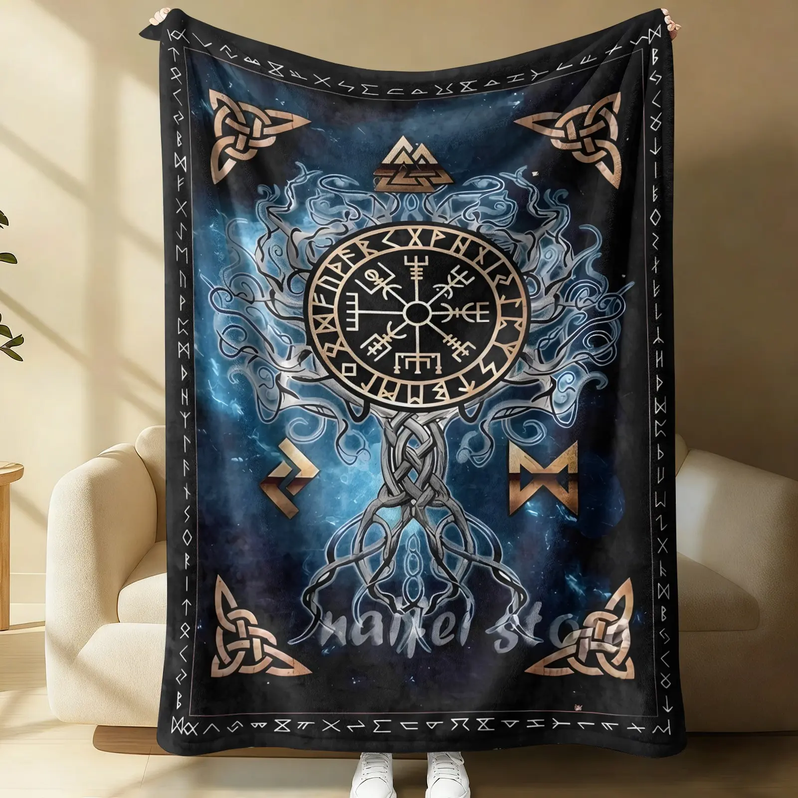 Viking Vegvisir Yggdrasil Blanket, Norse Mythology Tree of Life Throw Blanket, Soft Cozy Flannel Blanket for Viking Lover, Pagan Gift, Warm Blanket for Bed Couch