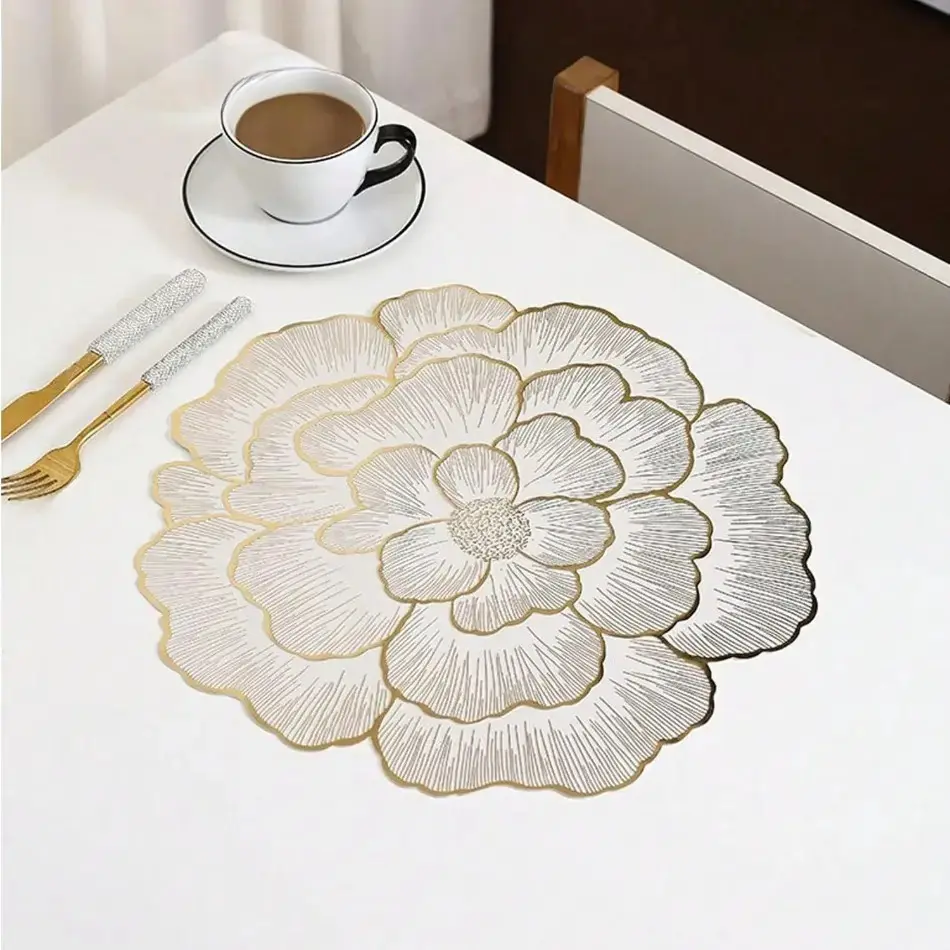 Elegant Floral Placemats with Gold Trim - Heat Resistant Table Decor for a Luxurious and Romantic Atmosphere, Ideal Valentine's Day Gift, Satin, Pvc, Waterproof, All Seasons, Valentine Gift, Oil Proof, Casual Dinners, Gold Foil Rose Flower