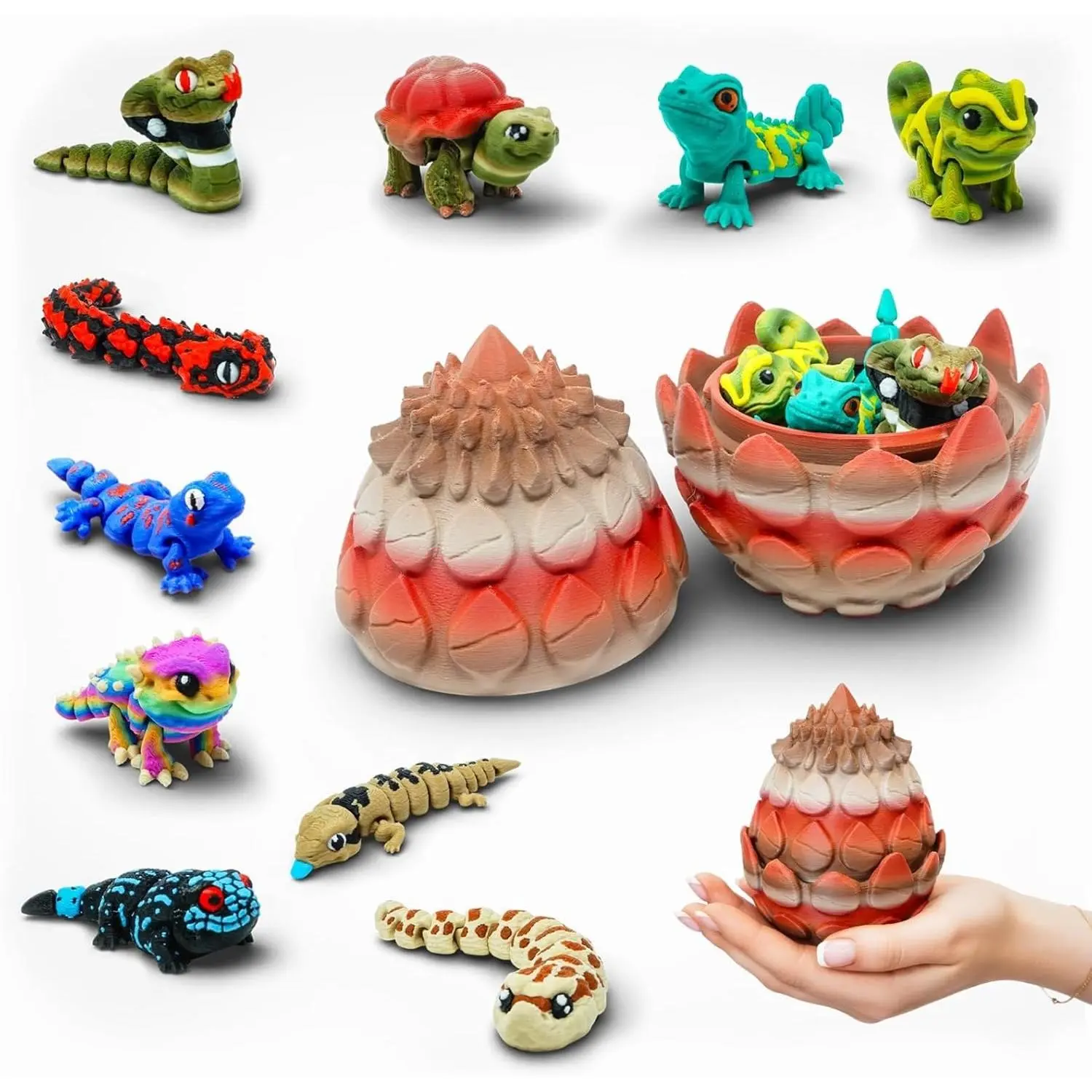 Reptile Collection with Rustic Stone Egg Hatchery - 10 Articulated 3D Printed Mini Lizards, Snake & Turtles, Miniature Shelf Display for Reptile Enthusiasts, 3D Printed Lizard and Snake Set