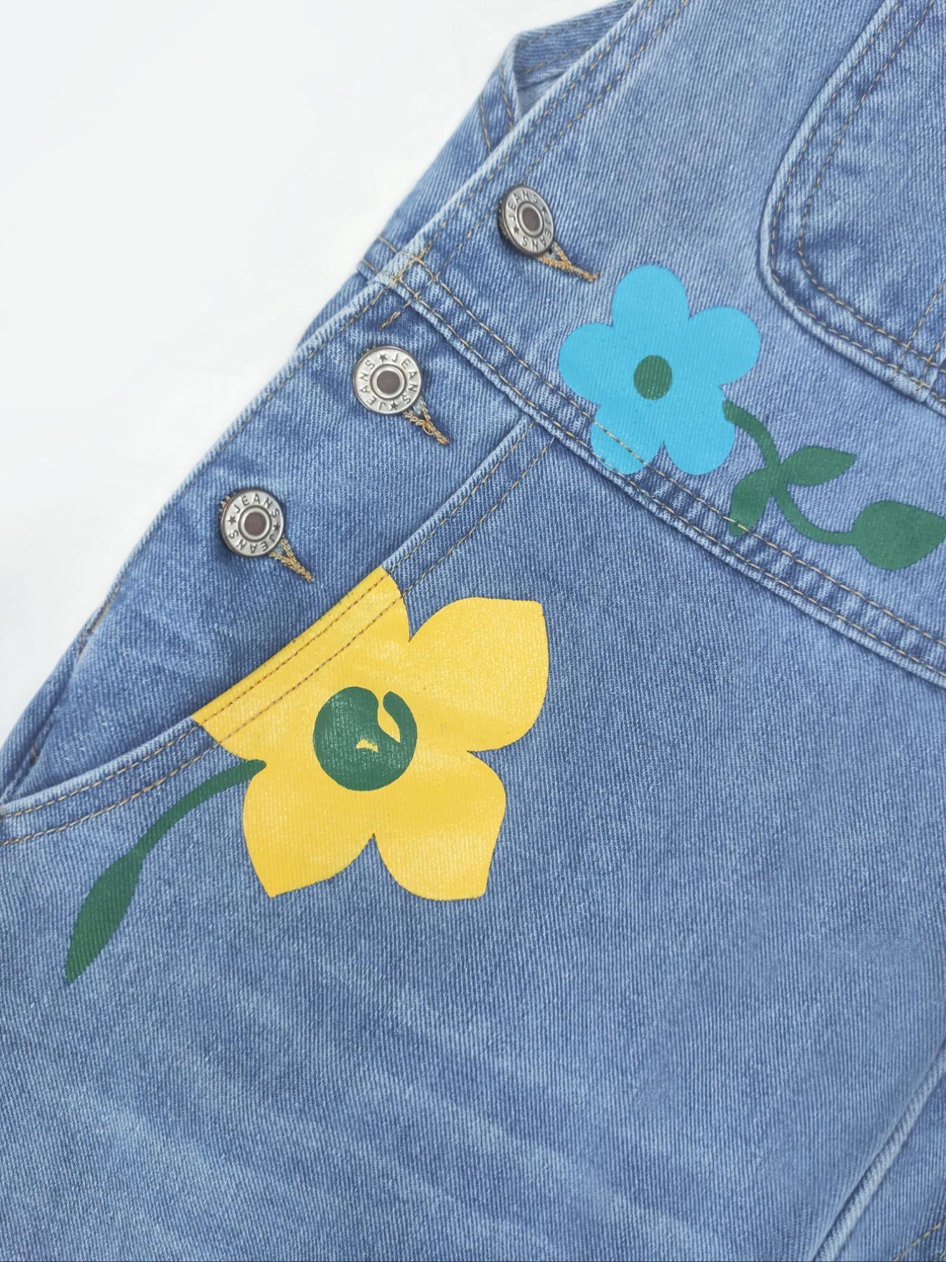 Women's Denim Jumpsuits in Spring, Summer and Autumn, Fit Comfortable and Loose Flower Design with Multiple Pockets, Trendy Street Casual Style, Suitable for Women's Daily Travel, Casual Sleeveless Overalls