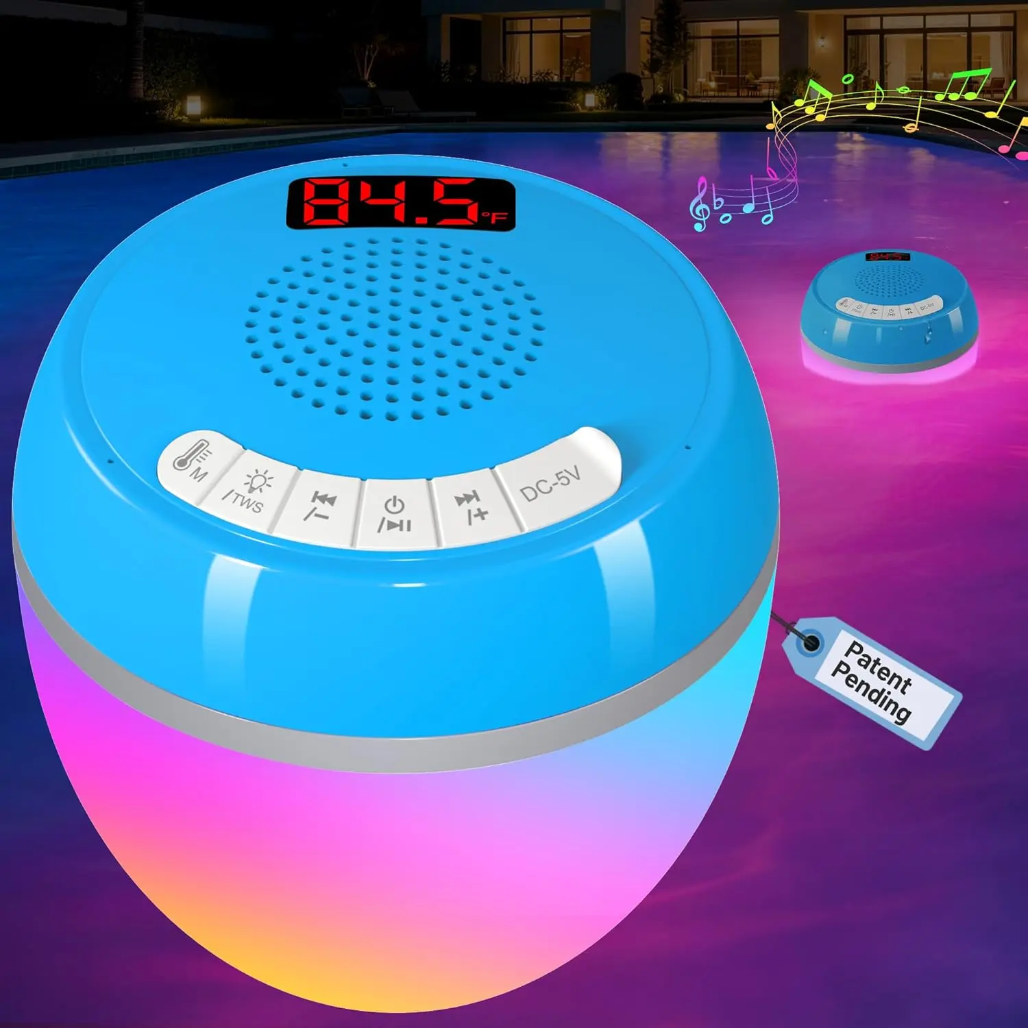 3 in 1 Floating Pool Speaker with Digital Thermometer, Bluetooth Speaker with Colorful Lights, TWS, IP68 Waterproof, Loud Sound for Pool Hot Tub - Light Blue