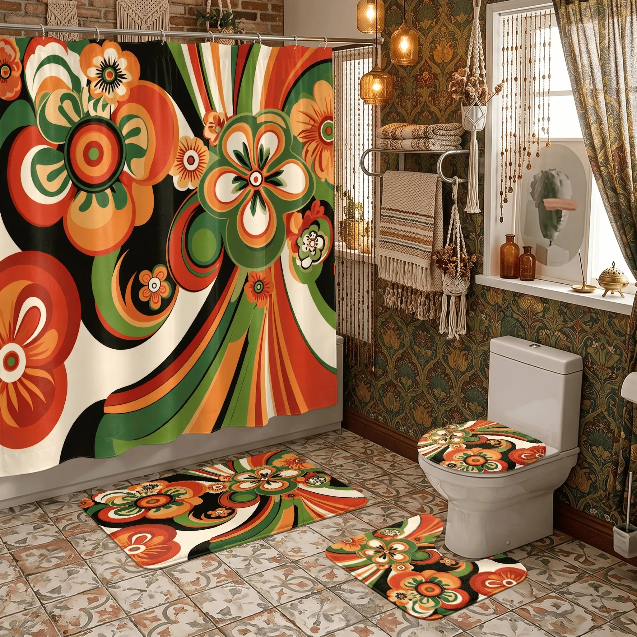 4pcs Vintage Flower Shower Curtain Set, Boho Style, Retro Floral Swirl, Psychedelic Art, Bathroom Decor Set, Autumn Boho Vintage Bathroom Decor with Hooks