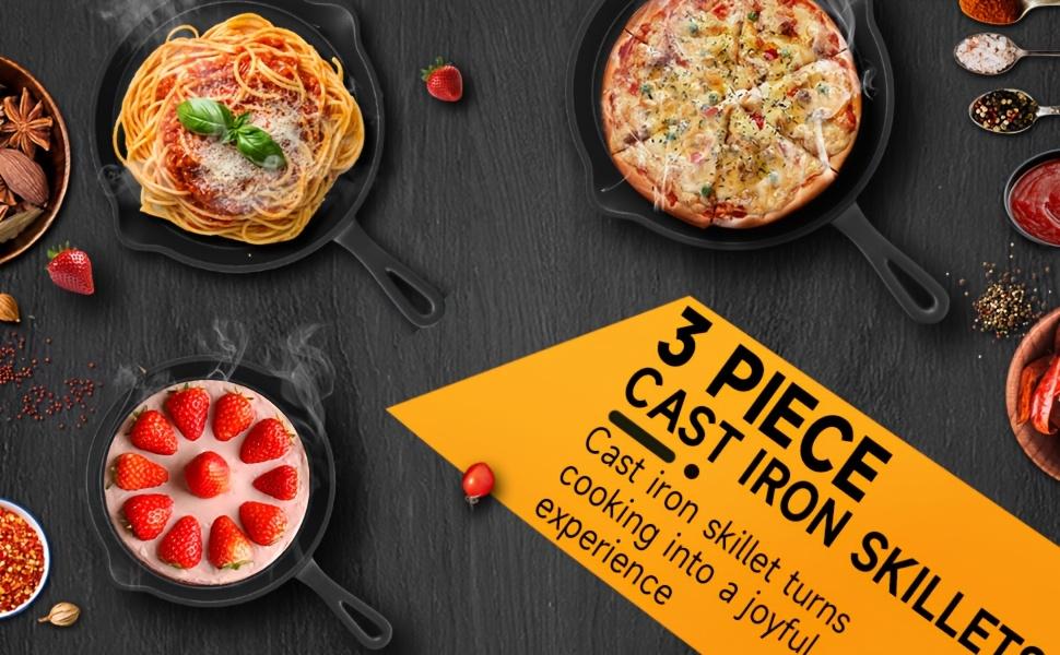 Premium 3pcs Cast Iron Skillet Set - Non-Stick Skillet with Drip Spout, Perfect for Holiday Cooking, RV Use, And Campfire Meals