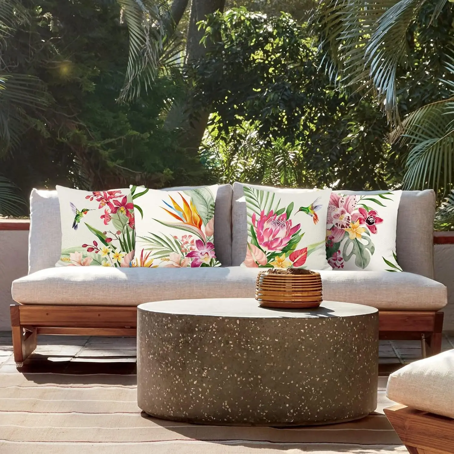 4 Piece Cushion Covers, 40x40cm, 45x45cm, 50x50cm, Linen Single Side Print, Colours Tropical Retro Bird Pattern, Bohemian Farmhouse Style, Soft Comfortable Simple Throw Pillow Cover, No Core Included