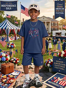 A best-selling Independence Day two-piece set for kids from Europe and the U.S., featuring a simple T-shirt and shorts with patriotic fireworks prints. This American retro festive style is perfect for school events and family gatherings