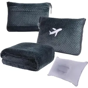 3 in 1 Travel Blanket Pillow Set, 350 GSM Thick Compact Airplane Travel Blanket with Storage Bag, Soft Bag with Pocket, Inflatable Travel Pillow for Camping & Car Trips, Dark Grey