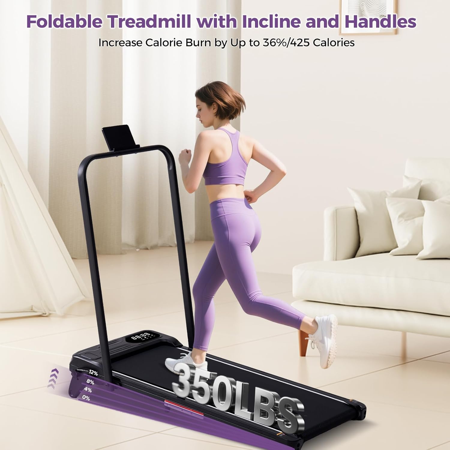 SUNDAY MIRTH Portable Foldable Walking Pad with Handle Bar and Adjustable Incline, Under Desk Walking Pads Treadmill with Incline and Handles, 3.5HP Folding Electric Treadmills for Home Small, 0.6-7.6MPH, 350LBS