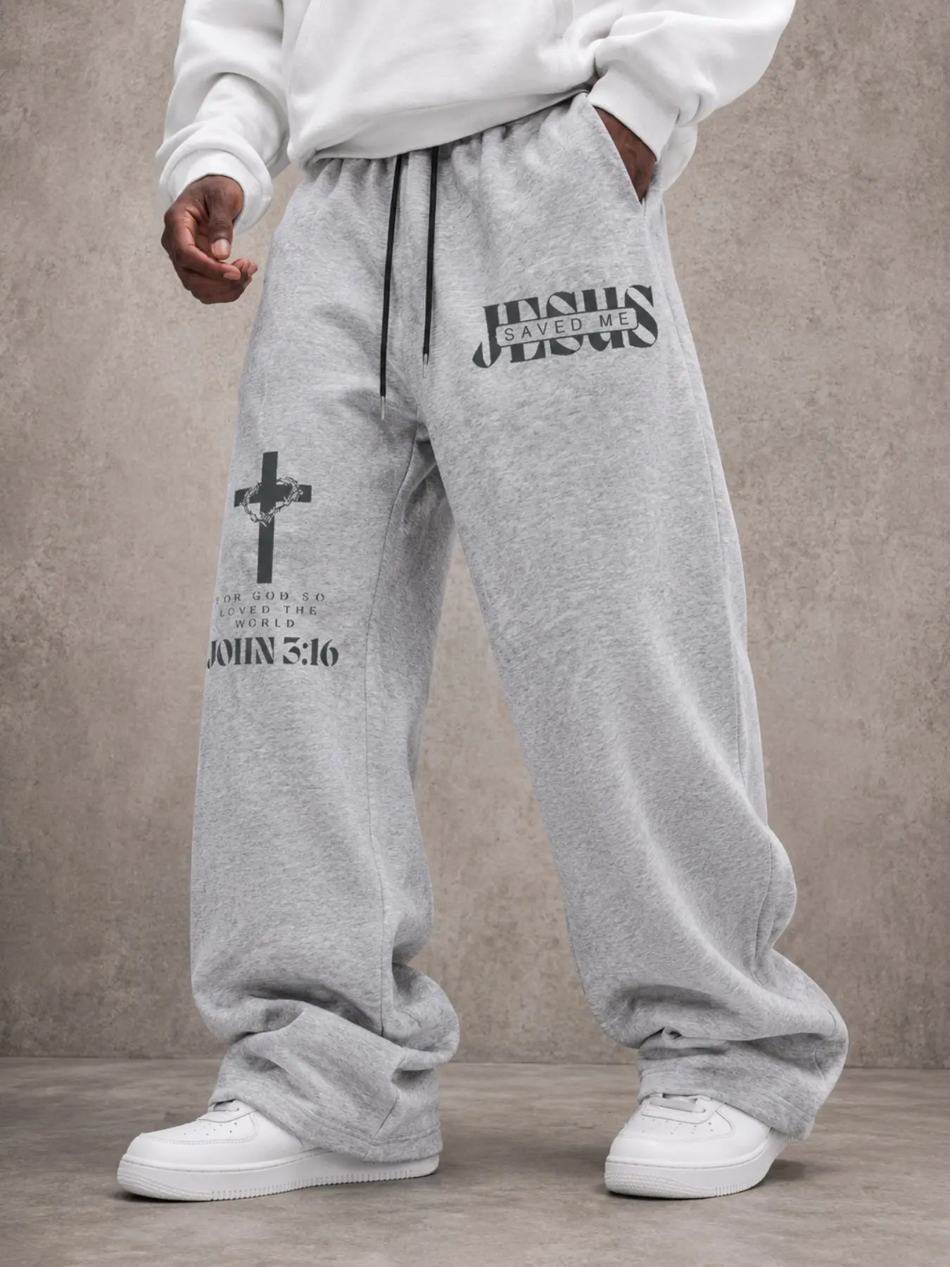 Men's Black Christian Graphic Sweatpants, Baggy Wide-Leg Drawstring Pants with White Cross, Bible Verse and Faith Slogan Prints, Retro Y2K Faith Streetwear for Campus Looks, Church Events, Travel, Festivals, Casual Outings, Weekend Wear, and Styling