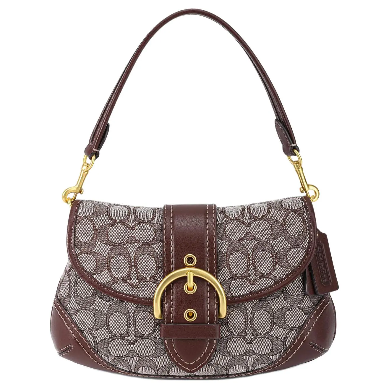 Coach Soho 27 Classic Monogram Everyday Crossbody Bag for Women – Fabric and Recycled Leather, Oak and Gray, Magnetic Snap Closure Verifiable, with credentials and supporting global authentication