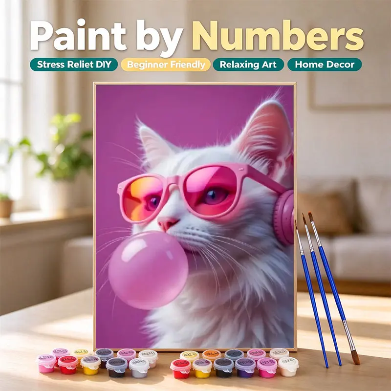 Cool White Cat with Pink Sunglasses Blowing Bubble Paint by Numbers Kit, Purple Background DIY Wall Art