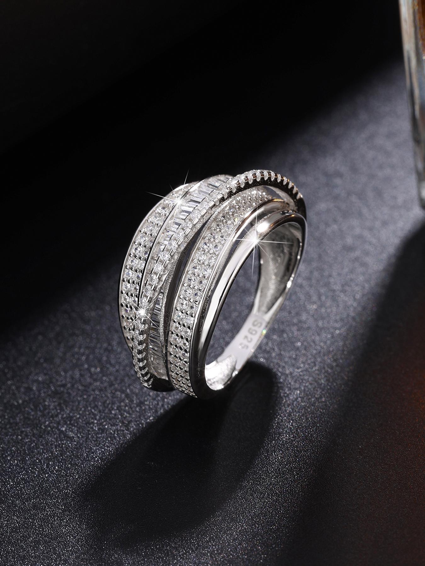 Multi-Layer Artificial Zircon Ring, Stackable Rings, Twisted Design, Unique High-End Style, Low-Key Luxury, Perfect for Dates, Sliver Color