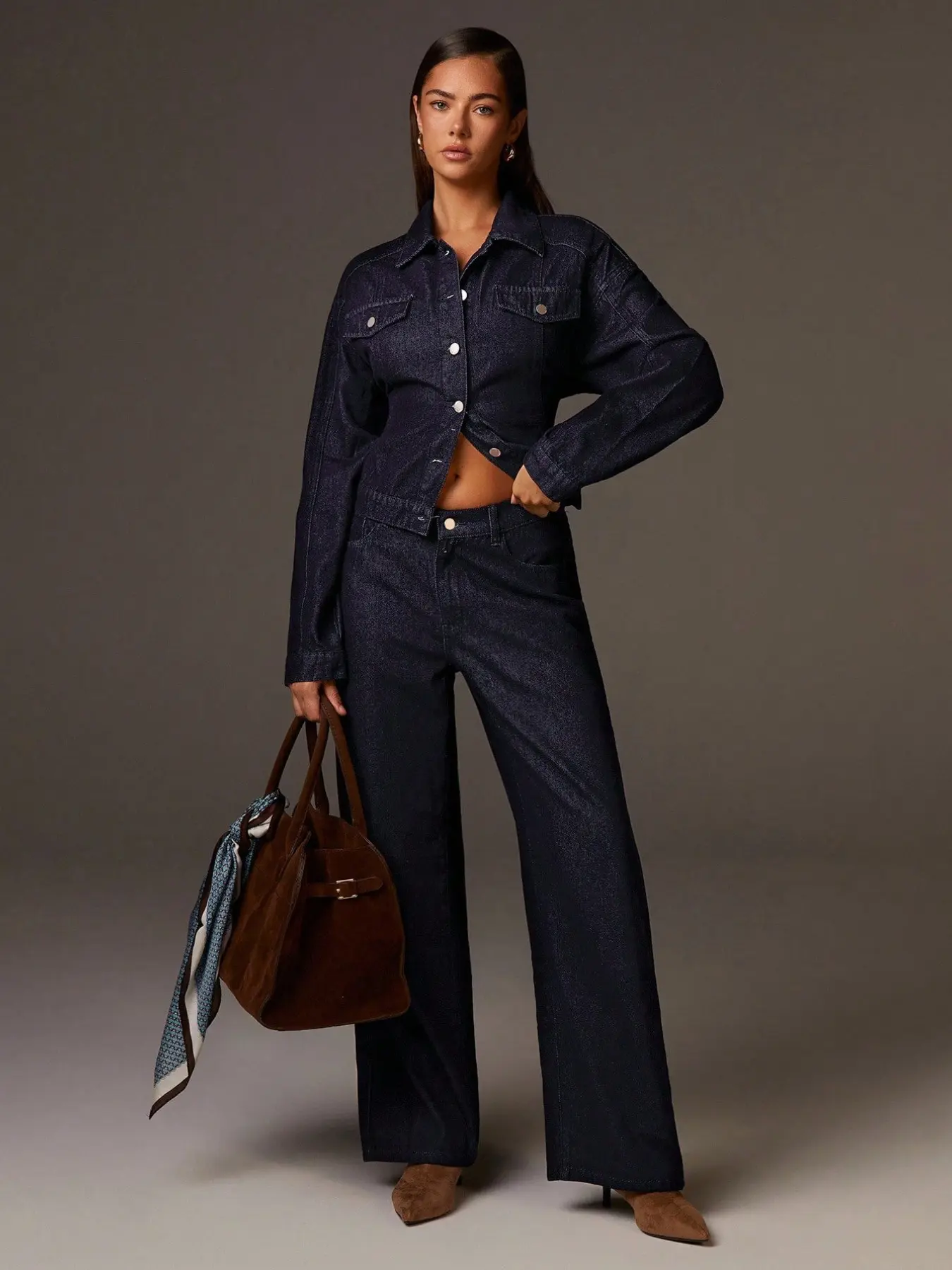 Women's Casual Fashion Wide Leg Jeans Top Set, Non-Elastic Denim Jeans with Metal Buttons, Two-Piece for Daily Wear