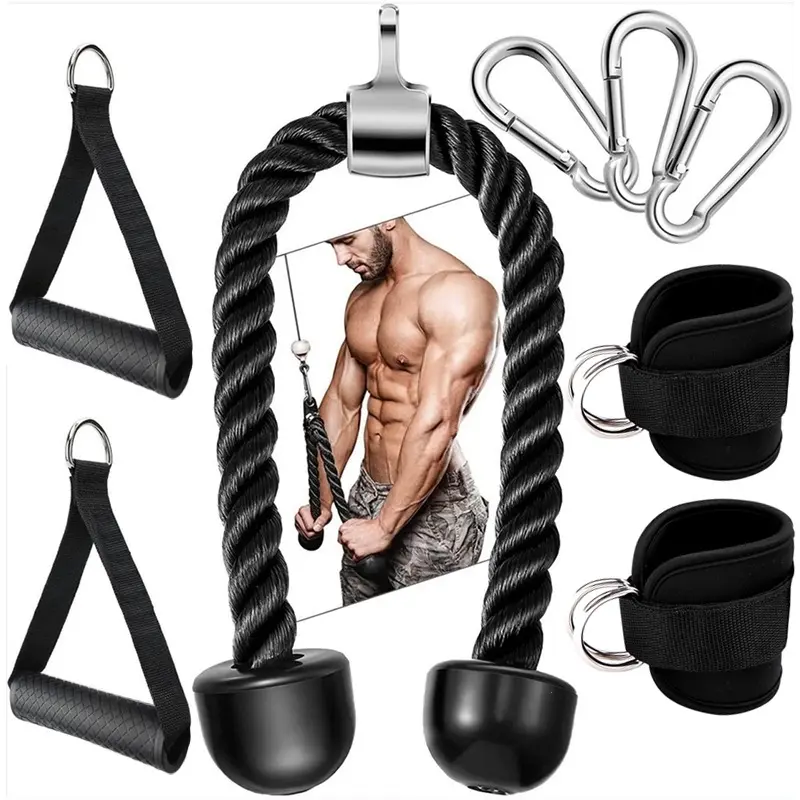 Tricep cable trainer accessories, lat pulldown machine accessories, heavy-duty tricep training cables, home gym accessory set, includes double rope, resistance handles, ankle straps, carabiners, and wristbands, Lat Pulldown Attachments