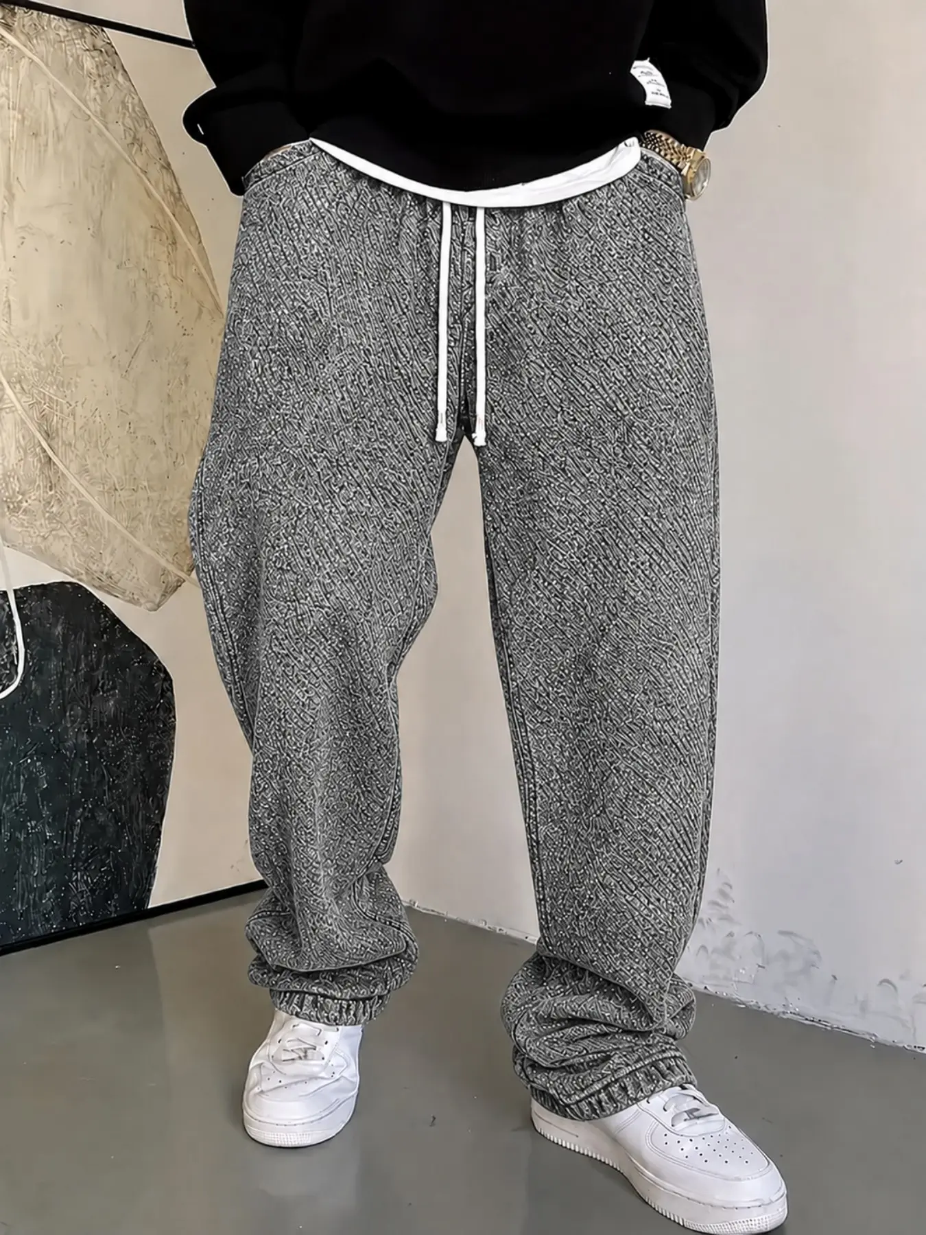 Men’s Burgundy Baggy Jeans with Allover Jacquard Pattern and Sparkling Rhinestone Details, Drawstring Wide Leg Streetwear Pants