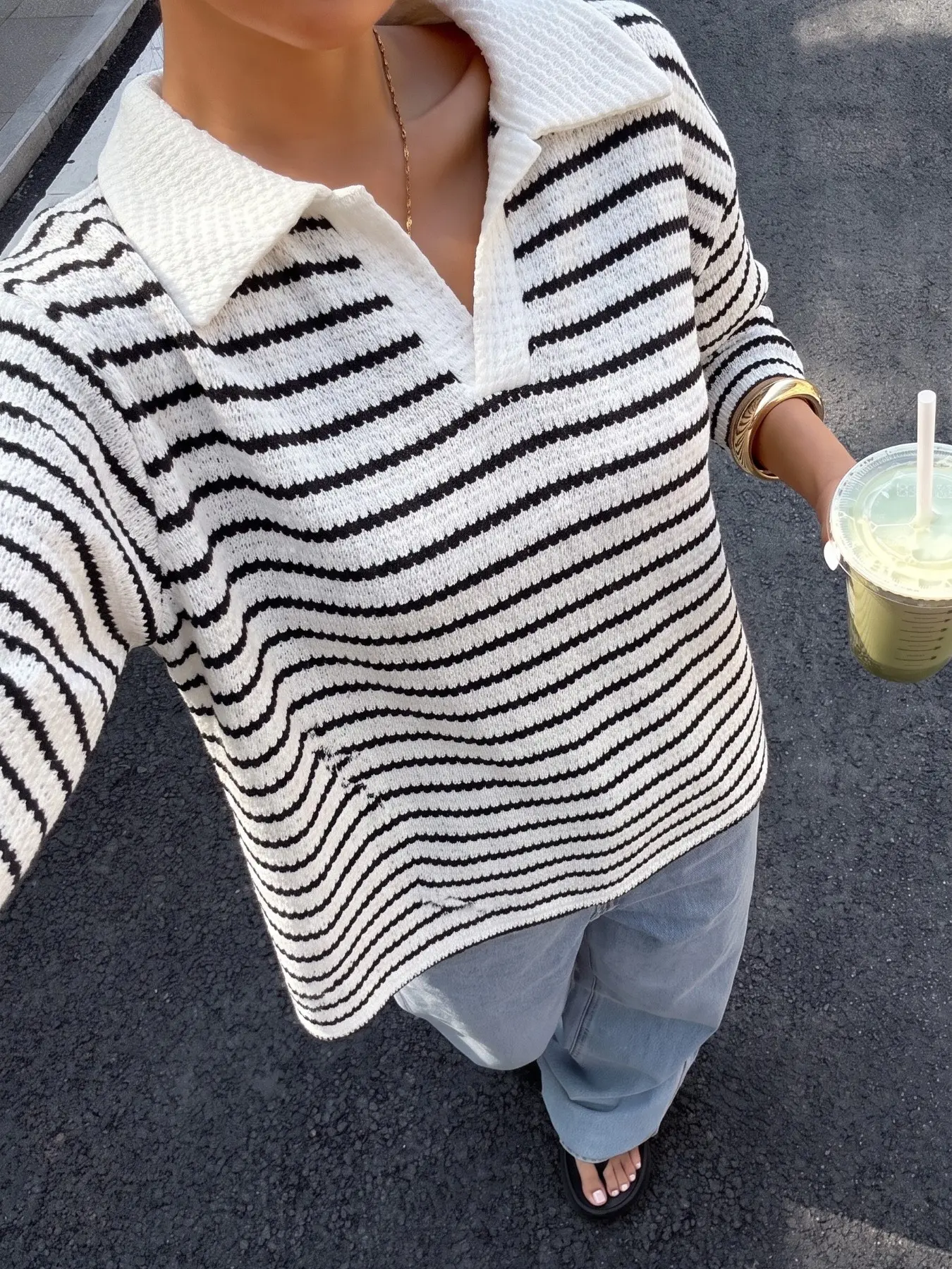 Women's Striped Lapel V Neck Long Sleeve Knit Top, Y2K Casual Clothes Women, Loose Fit Textured Blouse, Fashion Shirt for Streetwear, Shopping & Daily Outfit, 2026 Trendy Vintage Stripe Polo Sweater