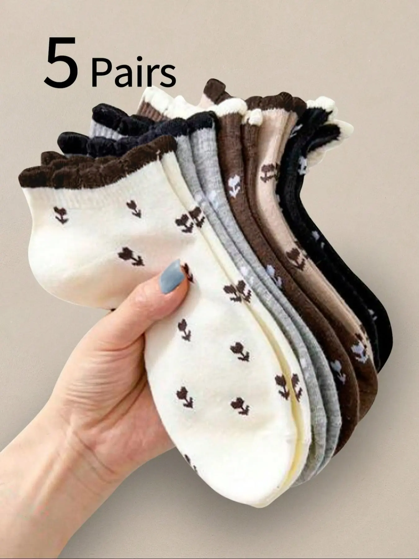 5 Pairs Women's Lace Socks, Vintage Tulip Flower Print Low Top Short Socks, Spring Summer Small Flower Ankle Socks, Comfortable Breathable Sweat-Wicking