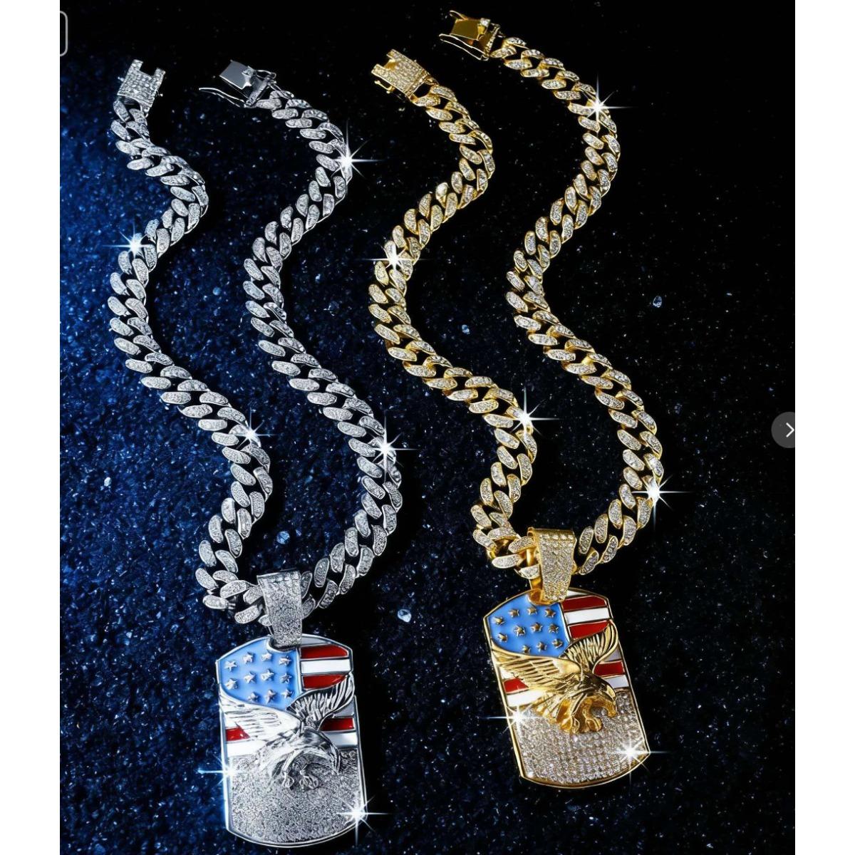 HIPHOP Jewelry Alloy Diamond Flag Eagle Pendant Necklace Men's Cuban Chain