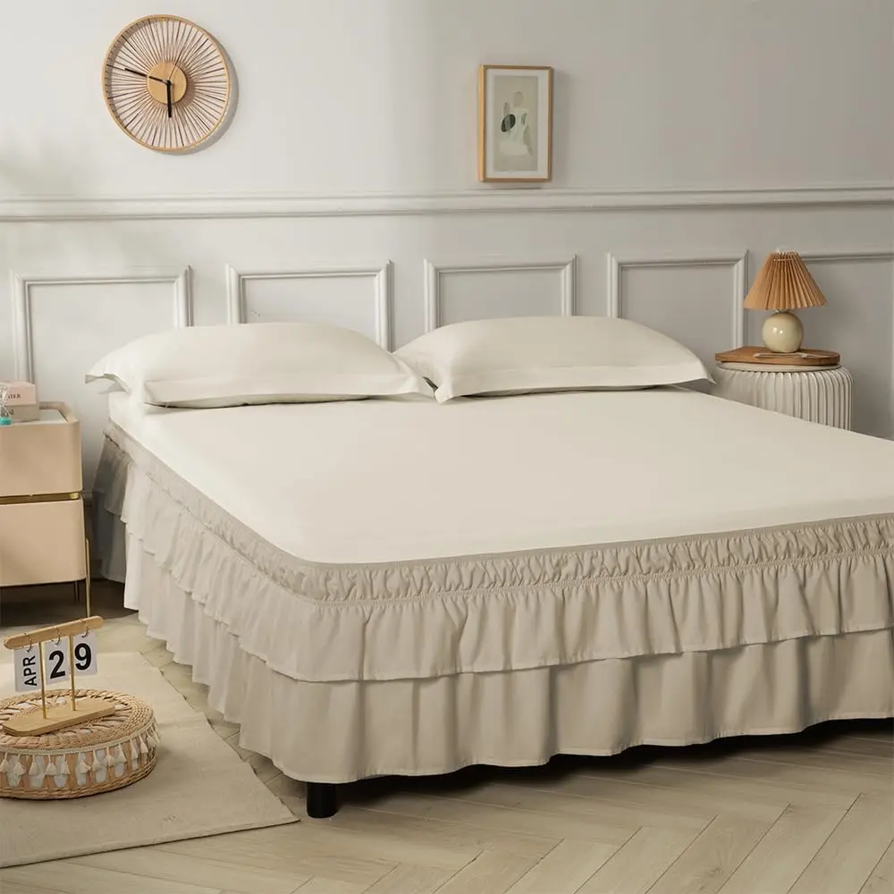 -Layered Ruffled Bed Skirt, Taupe, King/Cal King, 14" Drop| Wrap Around, Elastic, 2 Layer, Machine Washable Soft, Multi Ruffle Bedskirt