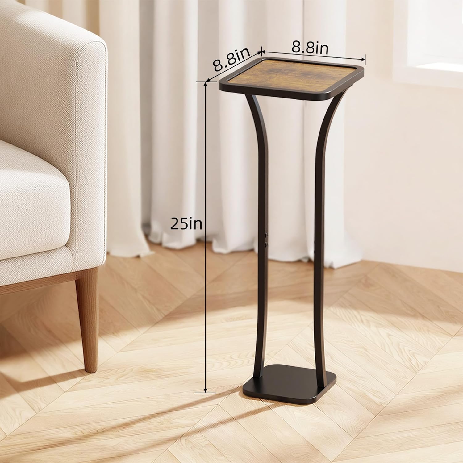 Small Square Side Table, Drink Table, Solid Wood & Metal Accent Table for Small Spaces, Pedestal End Table for Living Room, Bedroom, Office(Black + Walnut)