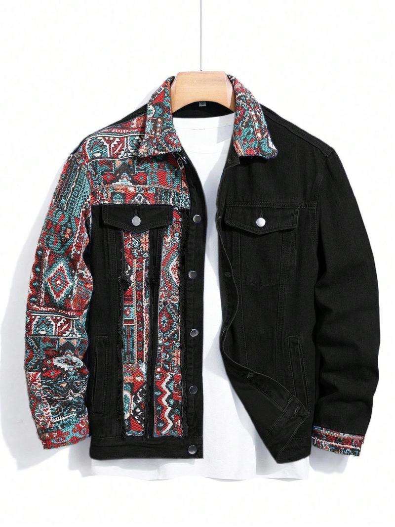 Men's Ethnic Pattern Embroidery Denim Jacket, Loose Casual Long Sleeve Button Front Outerwear for Spring & Fall, Fashion Men's Clothes for Daily Wear