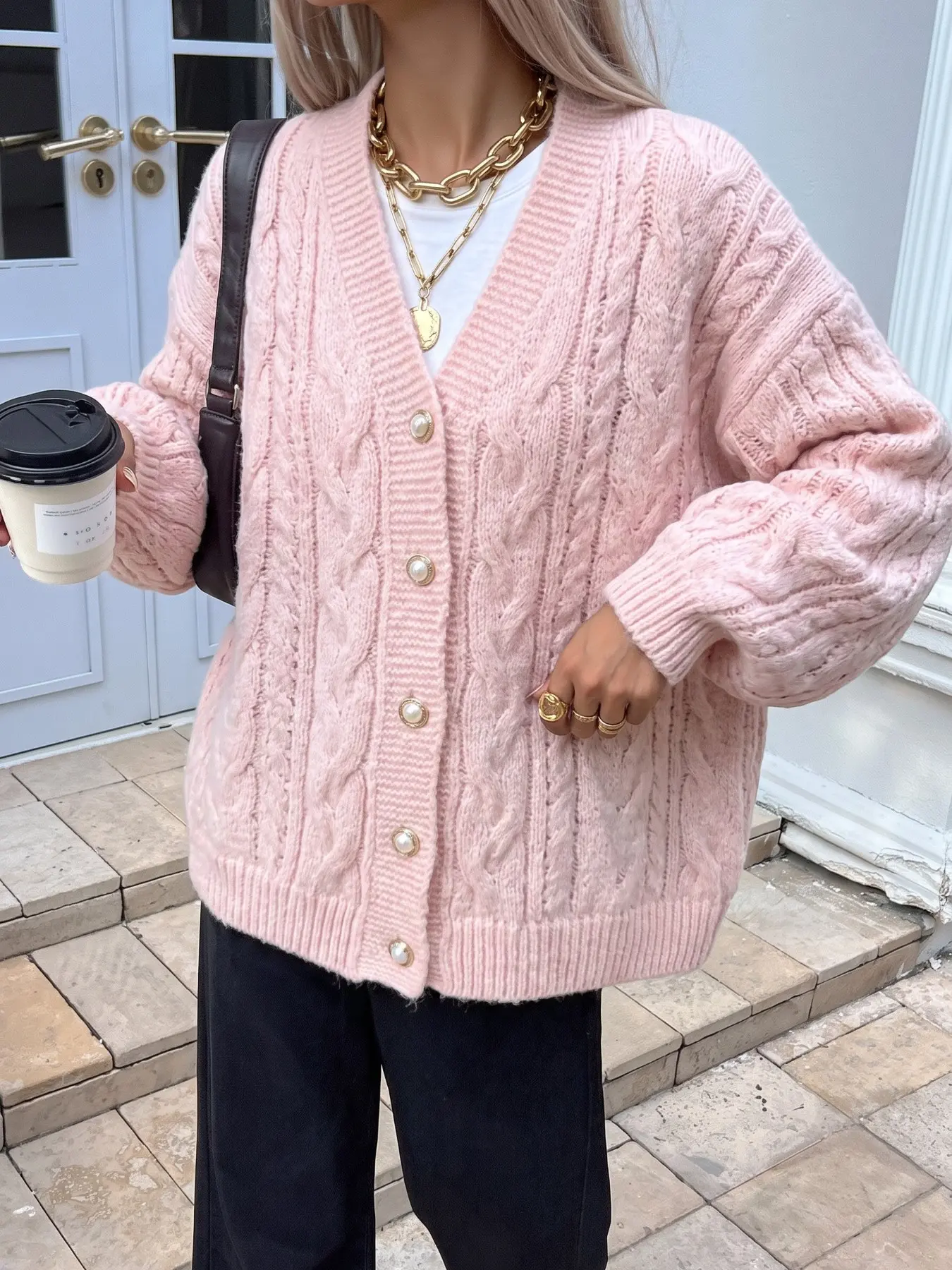 Women's Cable‑Knit V‑Neck Cardigan, Button‑Up Loose Knitwear, Soft Casual Preppy‑Style Long‑Sleeve Sweater Coat