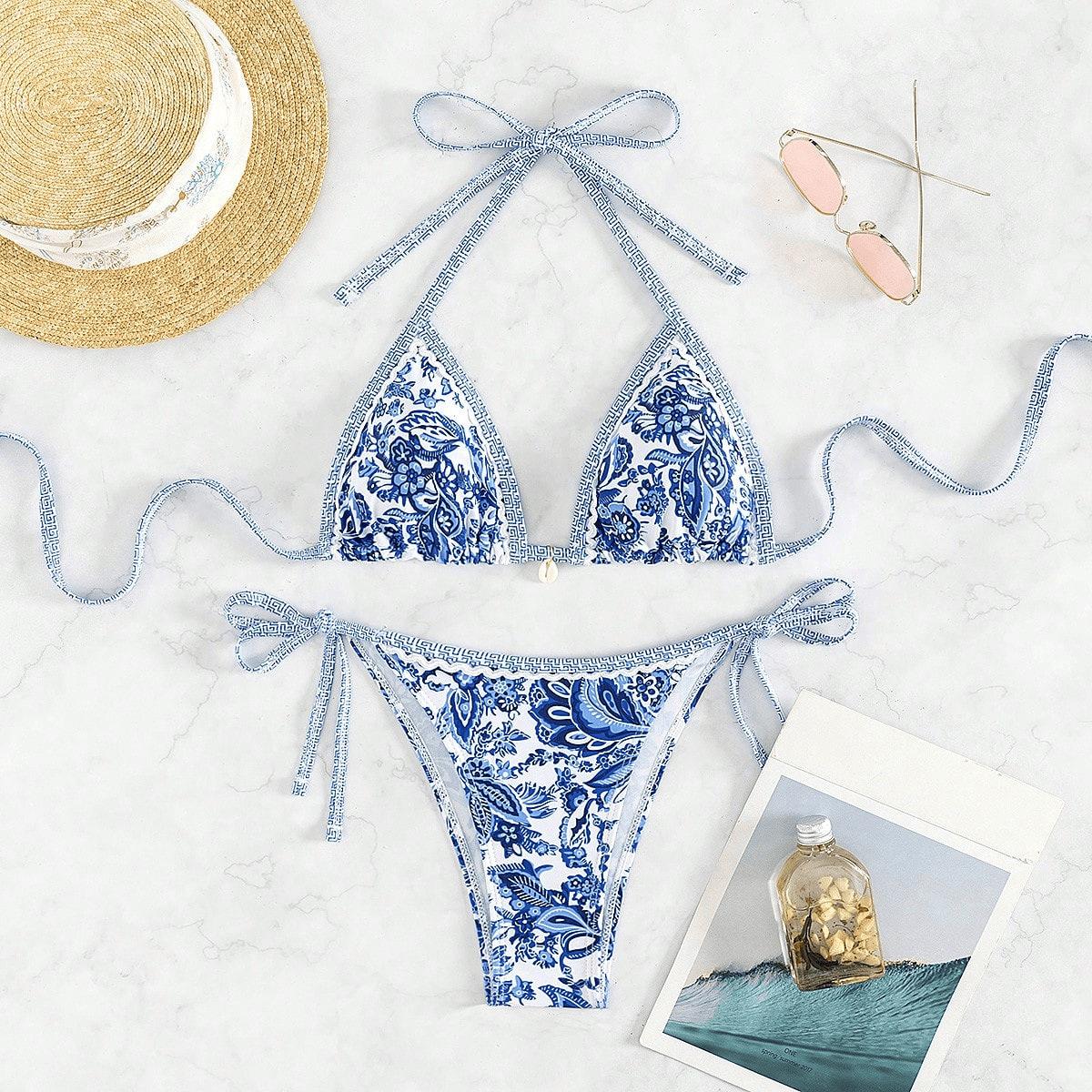 New Bikini Two-Piece Swimsuit Printed Sexy Strap Swimsuit Bikini Set with Adjustable Straps and Floral Pattern