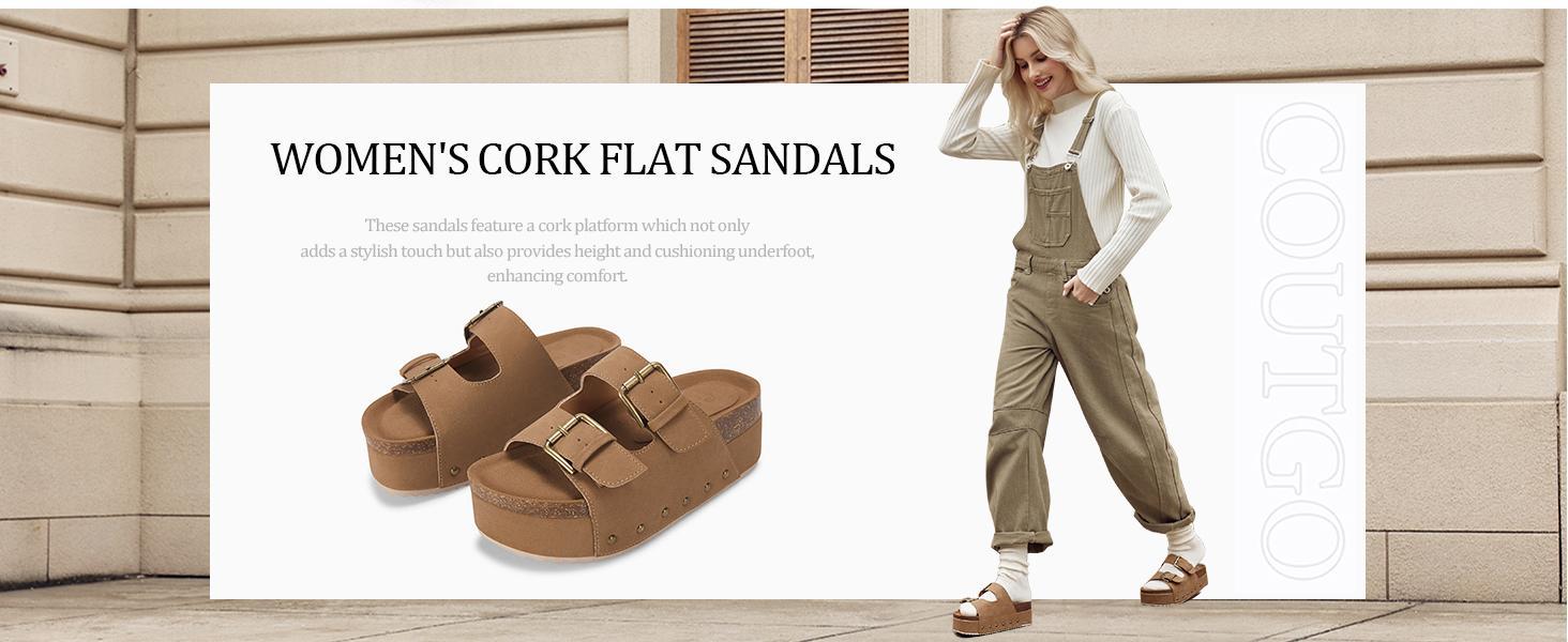 Fashare Women's Cork Platform Sandals Slip on Mules and Clogs Double Buckle Straps Summer Shoes