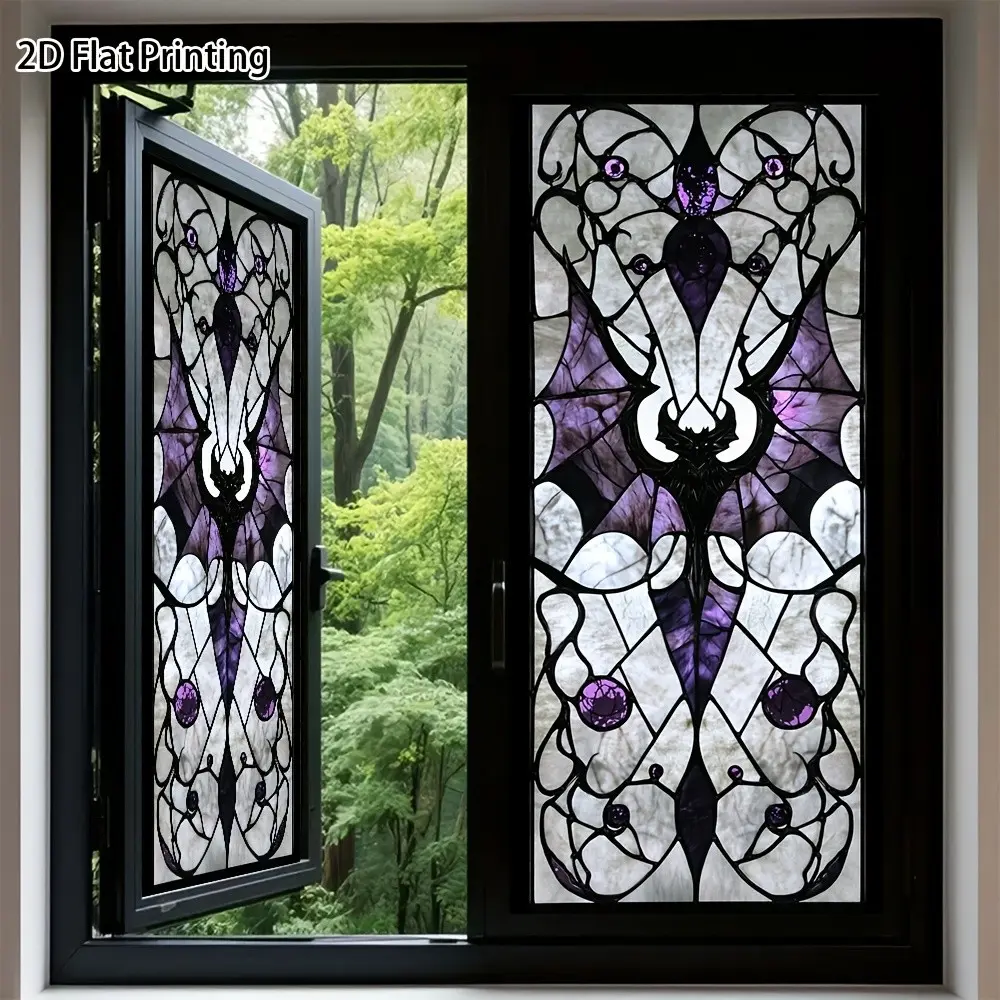 2D Bat Gothic Painted Glass Art Window Sticker, Static Adhesive Privacy Film, PVC Window Decal for Office, Balcony, Home, Bathroom, Halloween Decor