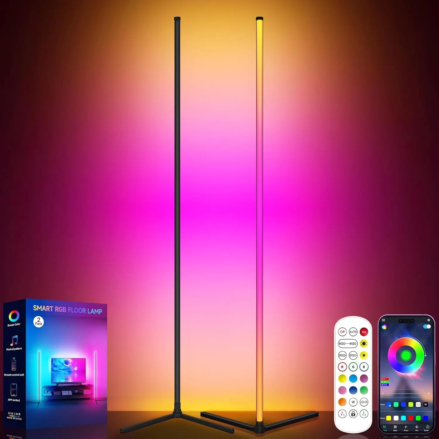 Tyute Corner Floor Lamp 2 Pack, LED Lamps with Remote, RGB Standing Lamp, LED Light Stick, Music Sync Dimmable Color Changing Ambient Light Bar for Bedroom, Living Room, Gaming Room, Party, Dorm