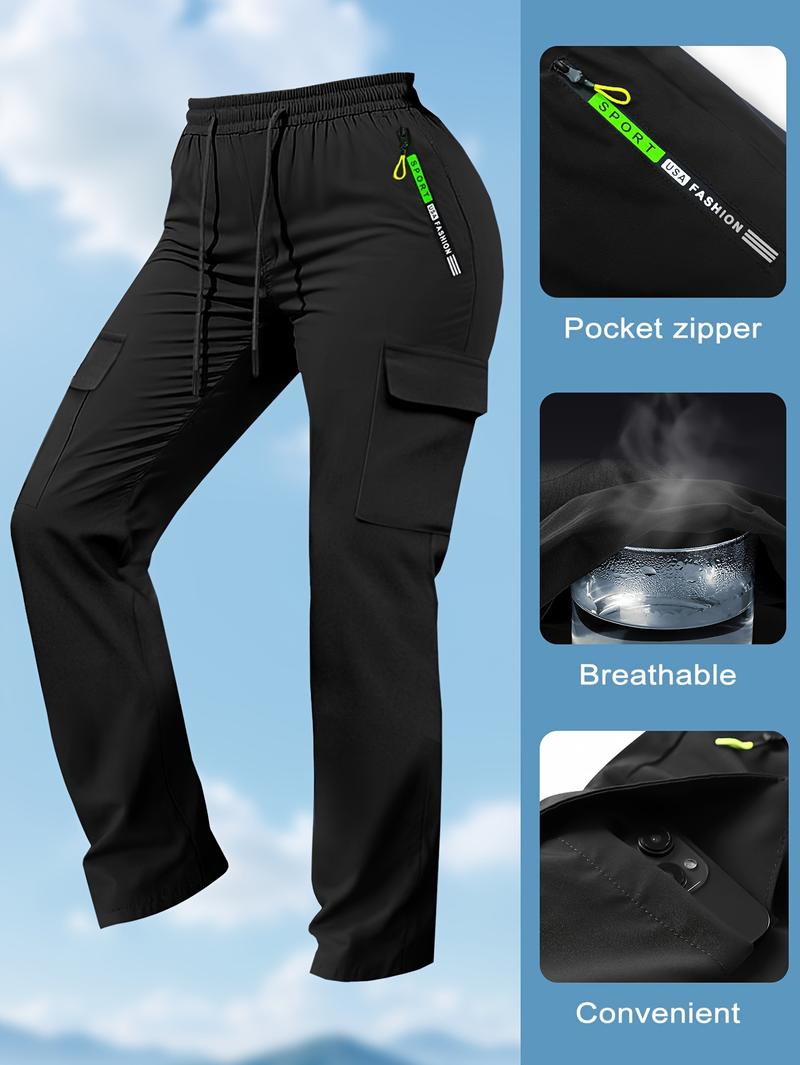 4pcs Women'S Spring/Autumn Cargo Pants | Fashion Large Pocket Design with Drawstring Elastic Waist, Casual Outdoor/Daily Wear Long Pants, Solid Color, Regular Fit by HIDKAT