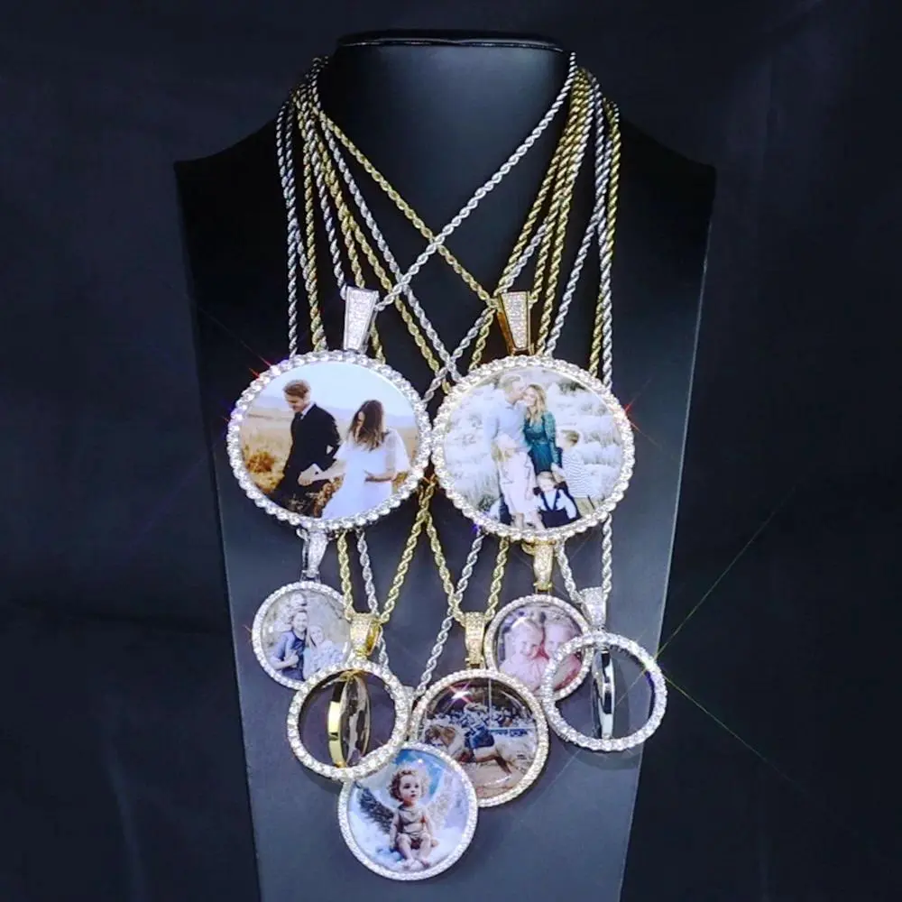 Custom Photo Necklace Circle Chain Personalized Medallion Memory Picture Pendant Solid Back Zircon Hip Hop Jewelry Free Engrave