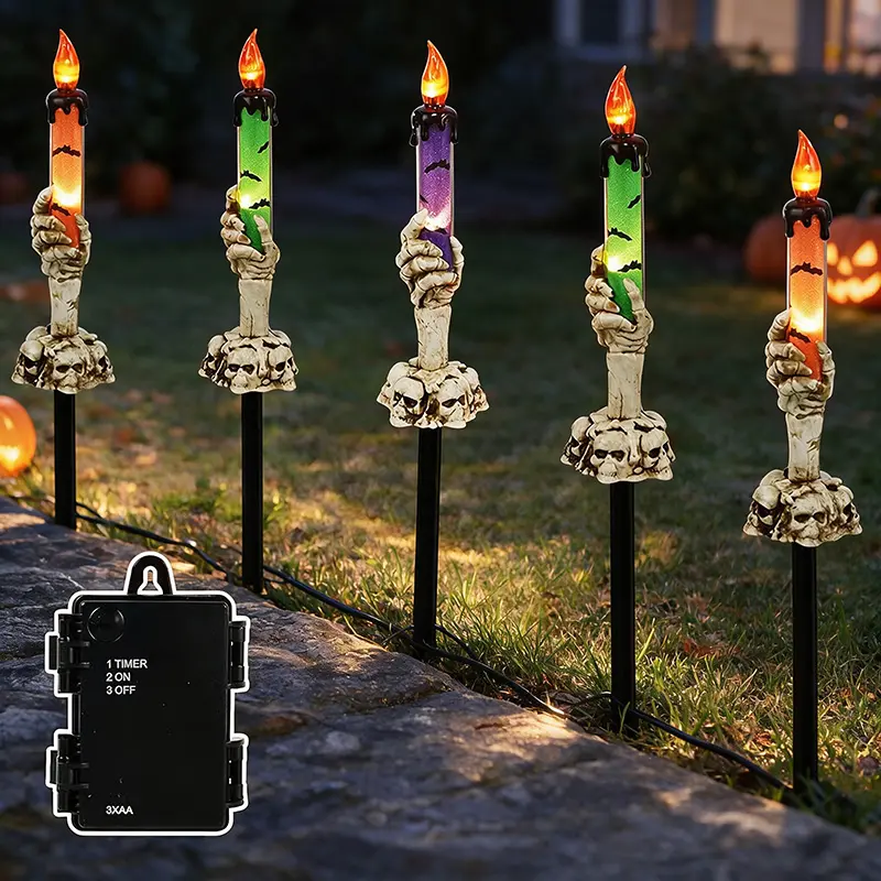 5 Hand Skull Candle Lights (with Light Stands), Solar Powered, Suitable for Decorating Indoors And Outdoors, Sidewalks, Houses, Pathways, Lawns, And Garden Courtyards, Holiday Gifts