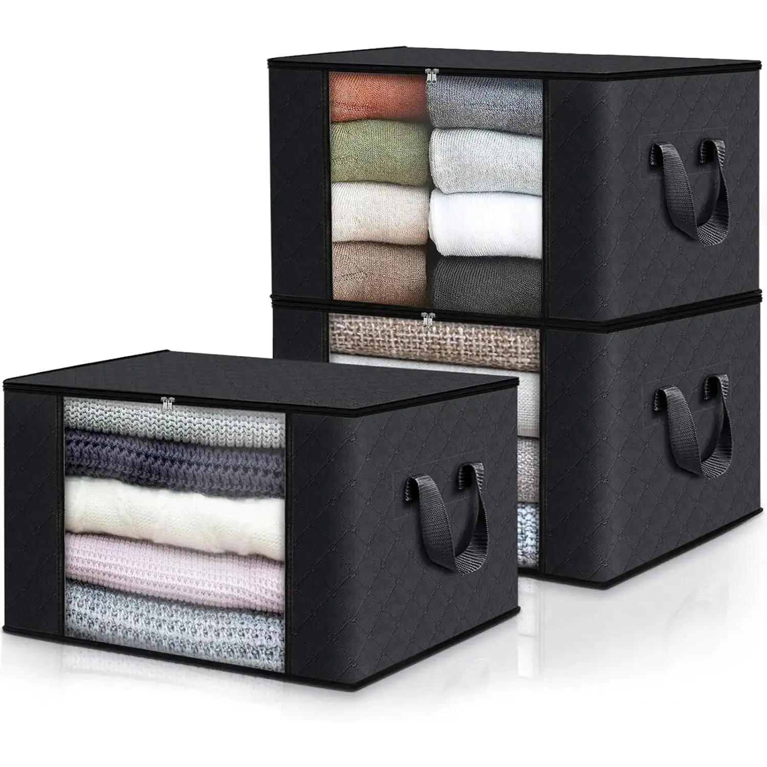 3 Pack Clothes Storage, Foldable Thick Fabric Blanket Storage Bags, Storage Containers for Organizing Bedroom, Closet, Clothing, Comforter, Organization and Storage with Handle,Black Organiser