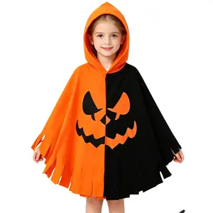 1pc Kids' Halloween Pumpkin Hooded Cape, Color-Block Printed Cloak, Fun Cosplay Outfit for Halloween & Carnival