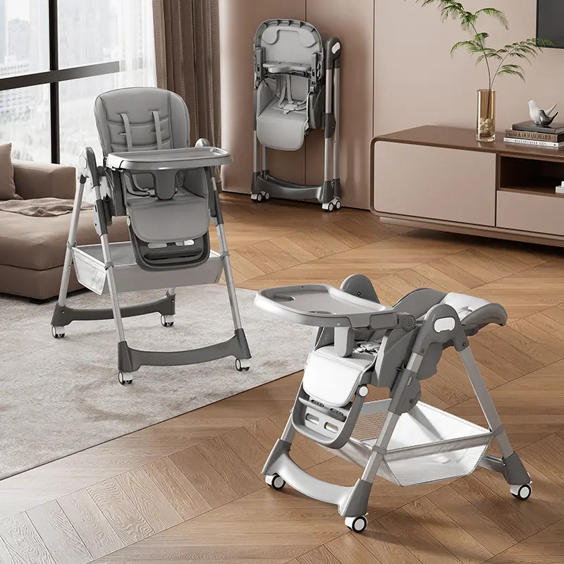 Baby High Chair for Babies and Toddlers, Foldable Infant Feeding Chair with 7 Adjustable Height Positions, 5-Point Safety Harness, Removable Dining Tray, Reclining Seat, Adjustable Footrest, Wheels and Storage Basket, Space-Saving Design