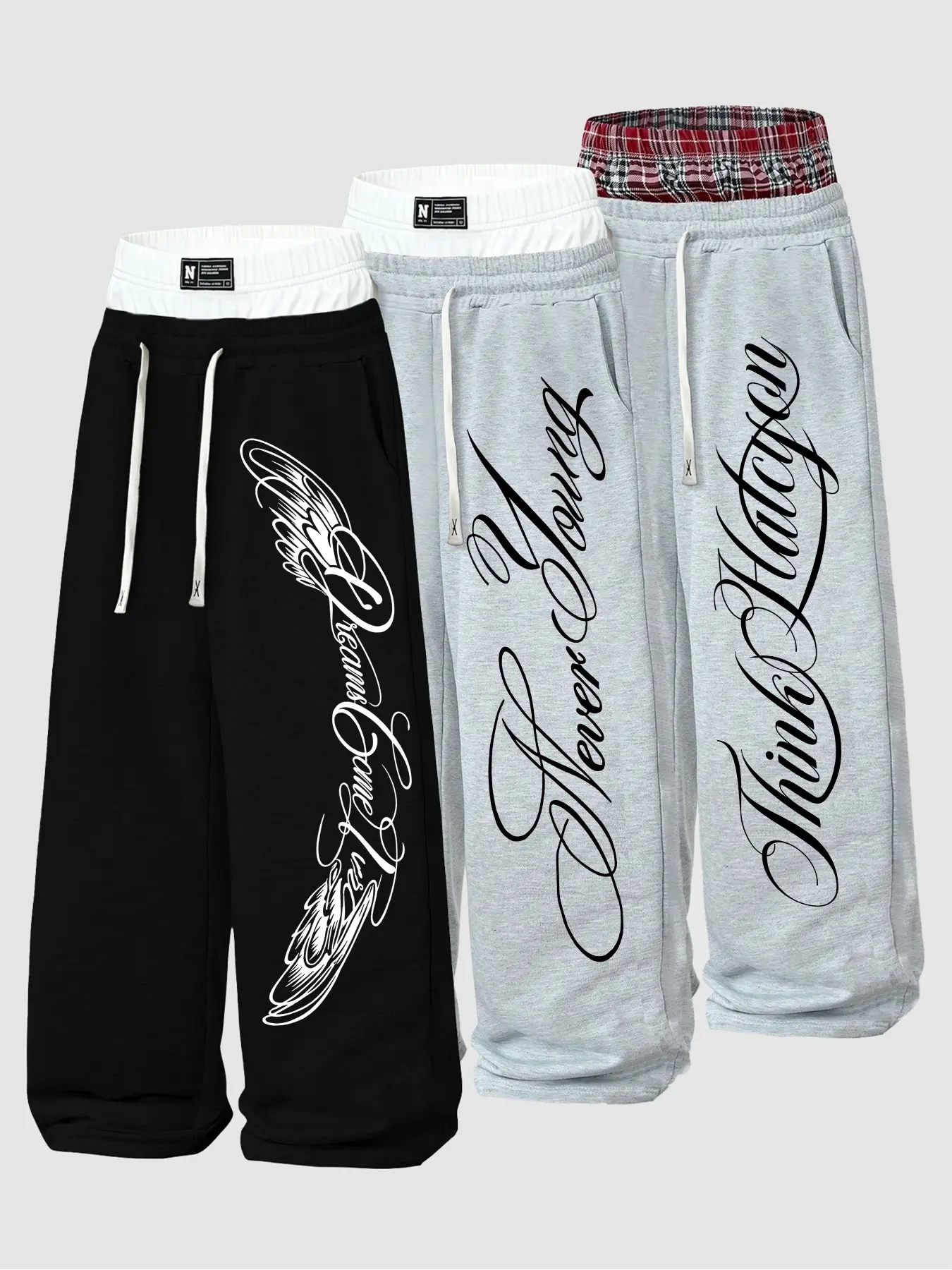 Chicano Tattoo Script Graphic Baggy Wide Leg Sweatpants Unisex Thin Breathable Polyester Street Track Pants With Plaid Inner Waist Option For Men Teen Rapper Night Out Car Meet Gym Punk Festival Layered Urban Alternative Outfit Bottoms