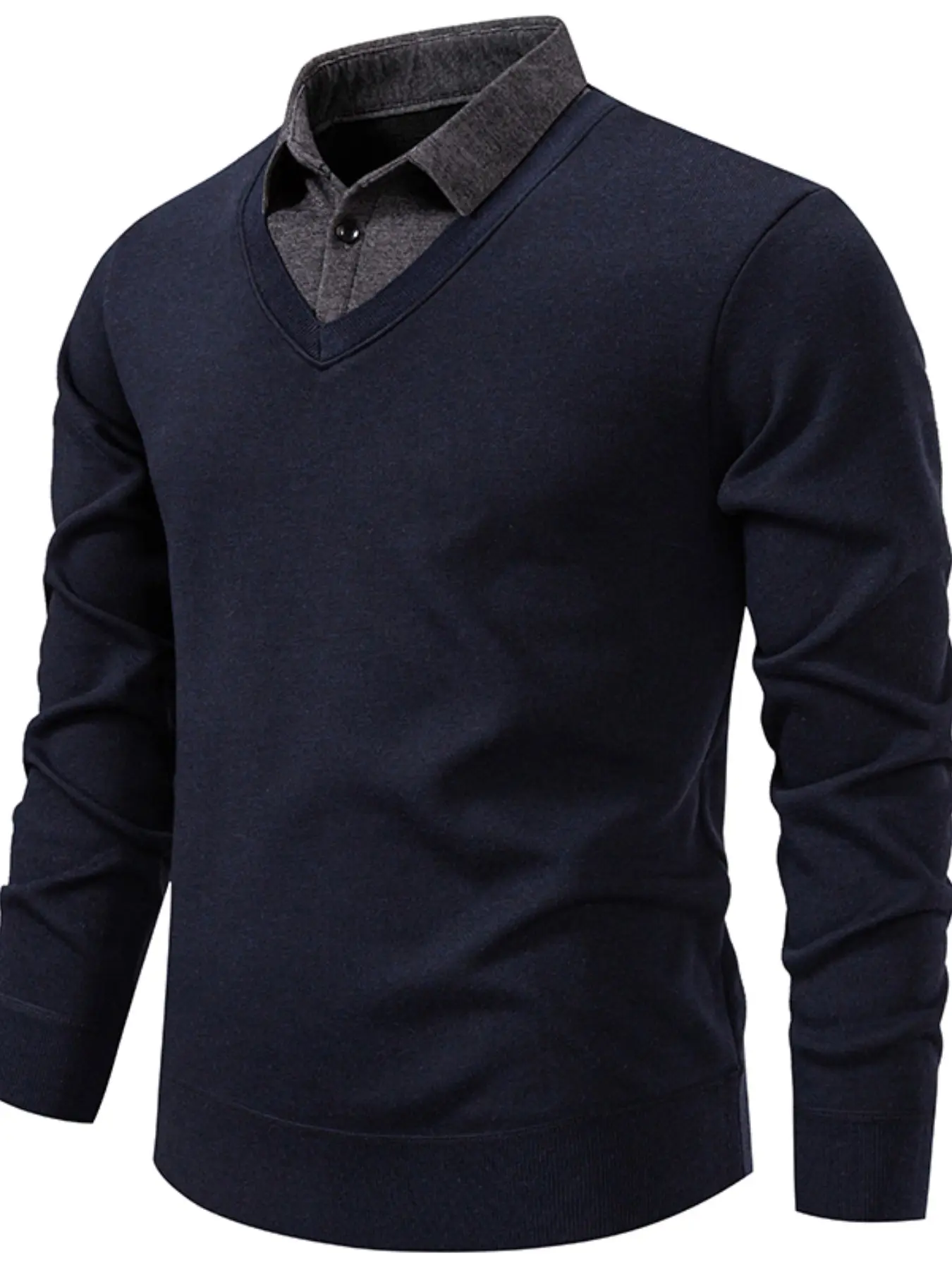 Men's Knit Sweater with Shirt Collar and V-Neck, Long Sleeve, Soft Knitted Fabric, Denim Texture, Single Button, Slim Fit, Versatile Fashion, Knitwear, Casual