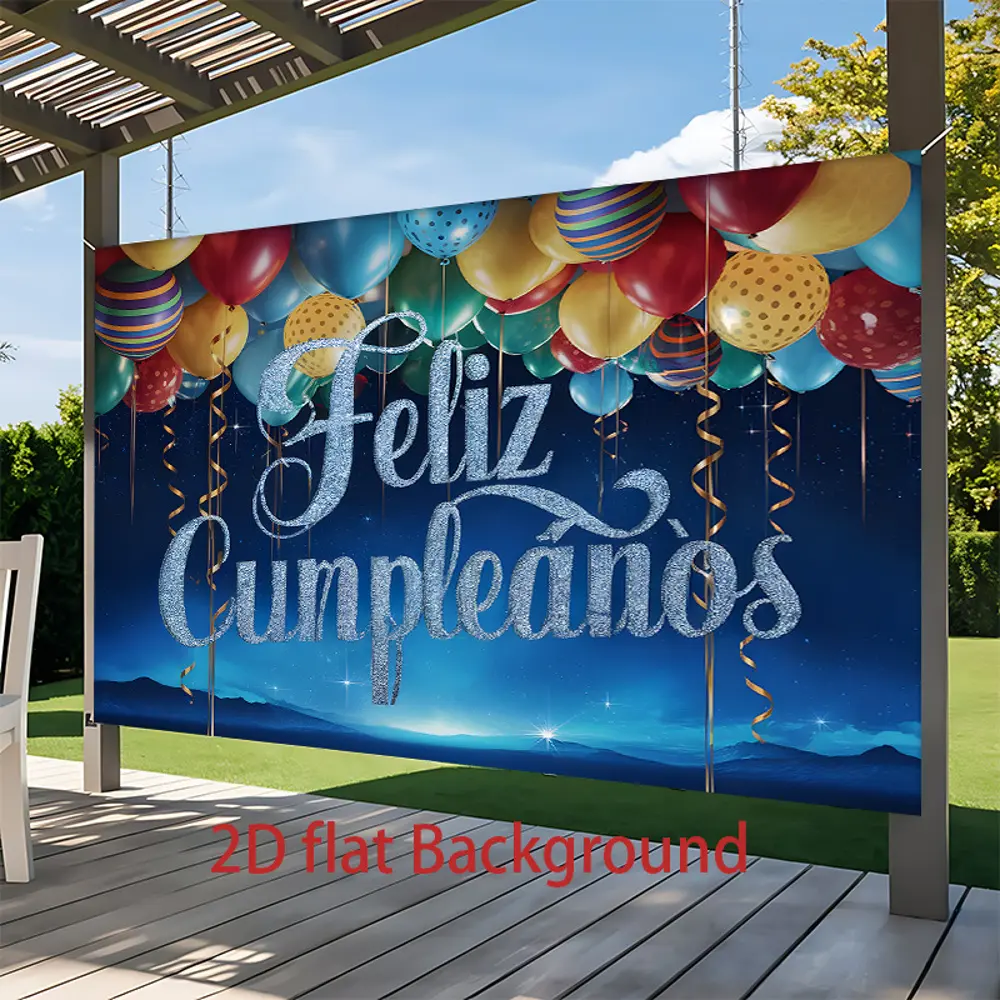2D Flat Balloon Print Photography Backdrop, Polyester Spanish Happy Birthday Banner, HD Digitally Printed Soft Lightweight Foldable Cloth, Suitable for Birthday Parties, Portraits