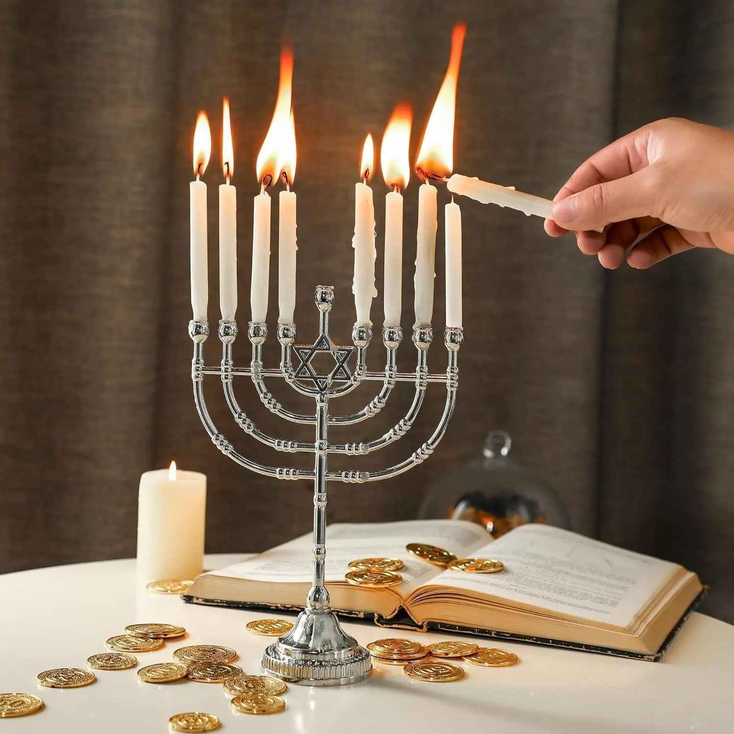 8.6" Star of David Hanukkah Menorah, Jewish Candle Holder | Traditional Menorah for Chanukah, Holiday Decorations, Jewish Religious Decor, Festive Candle Holder Gift
