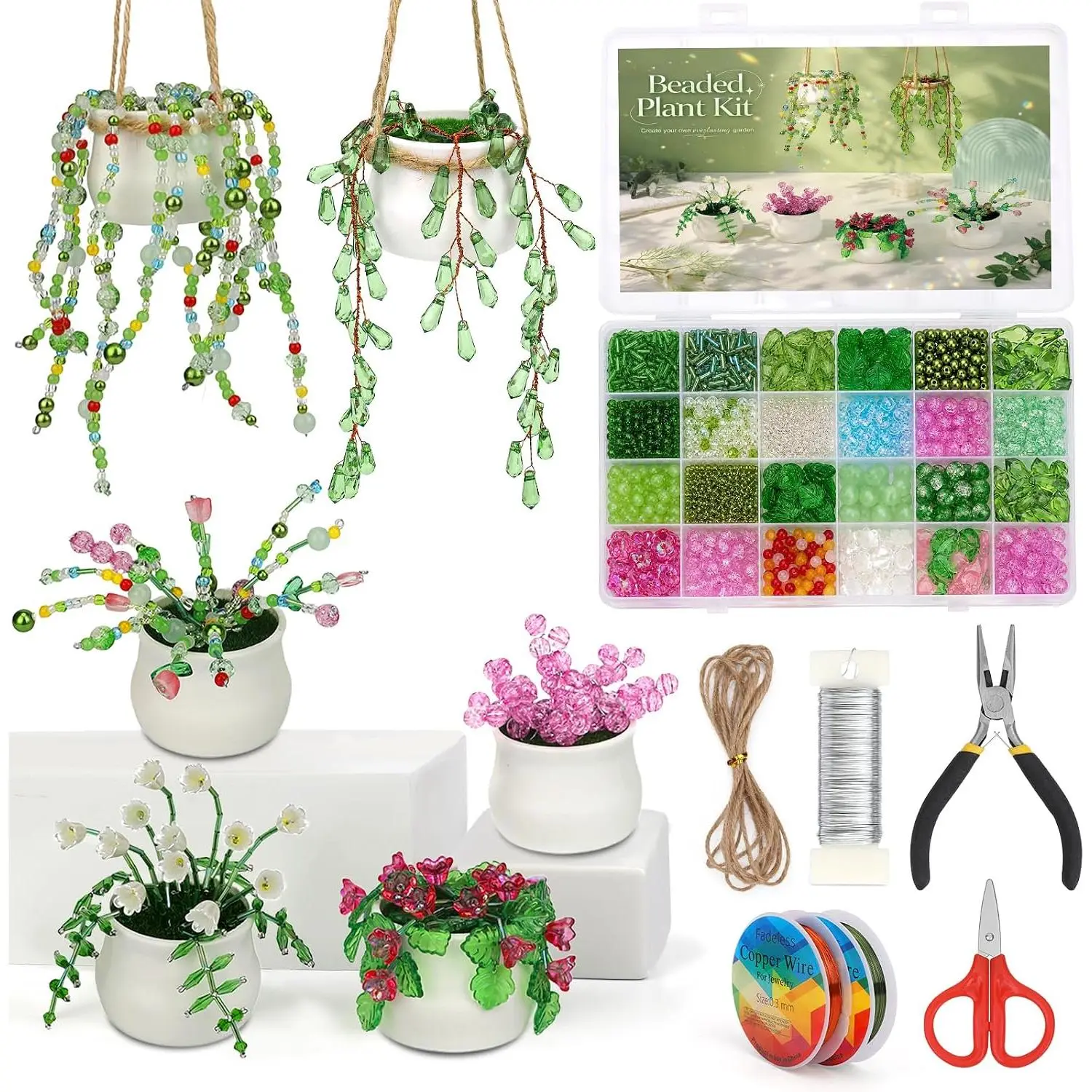 6 count Beaded  Kit, Bead  Kit with Green Beads Pots Tools | DIY Beaded Flower Kit with 6 count  Pots, Tools & Video Tutorials,  Supplies for Beginners,  Decor
