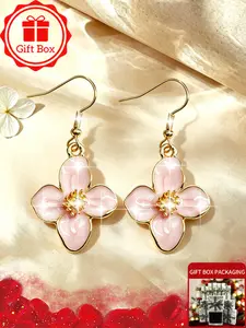 Pink Flower Earrings, Fashion Earrings with Gift Box, Cute Enamel Floral Gold Dangle Drop Hooks, Sweet Coquette Fairycore Style Earring, Sakura Blossom Jewelry Accessories, Fashionable jewelry accessories, Birthday Christmas Gift for Girlfriend Daughter