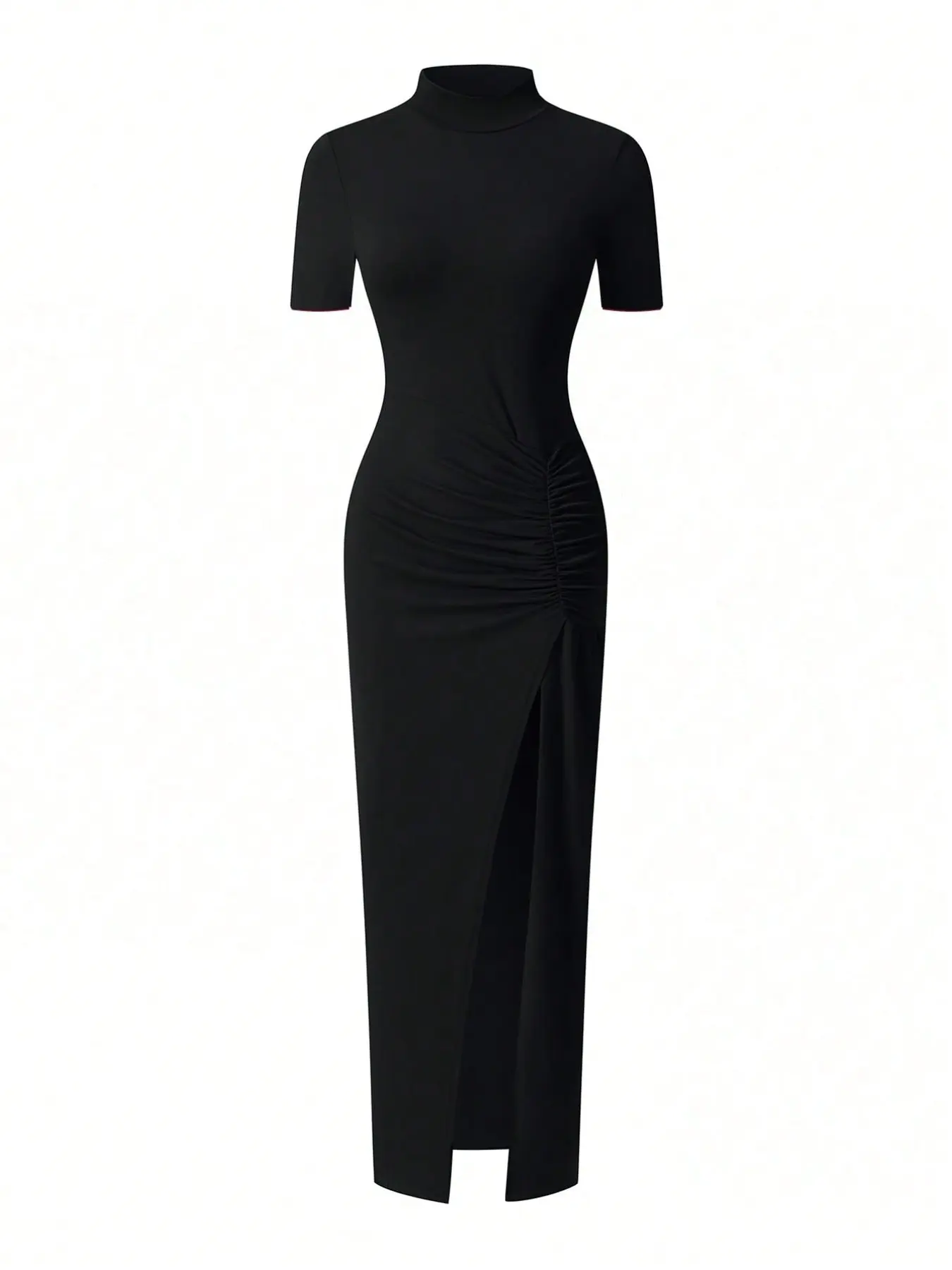 Elegant Short Sleeve Half-Neck Pleated Side Split Bodycon Dress, Women's Long Pure Color Solid Dress for Dates and Parties, Chic Dress for Night Out