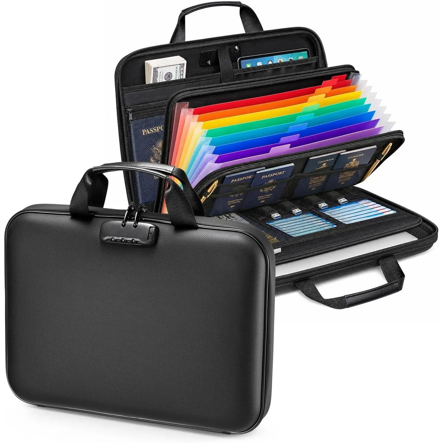 Fireproof Document Box with Lock, Hard Case File Organizer with 13 Pocket Accordion File Folders, Portable Safe Box