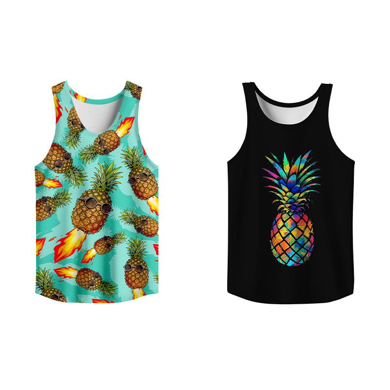 2 Pack Tropical Fruit Graffiti Tank Top, Summer Men Clothes Slim Fit Apparel, Menswear Gym Workout Comfy Casual Sleeveless for Vacation Outfit