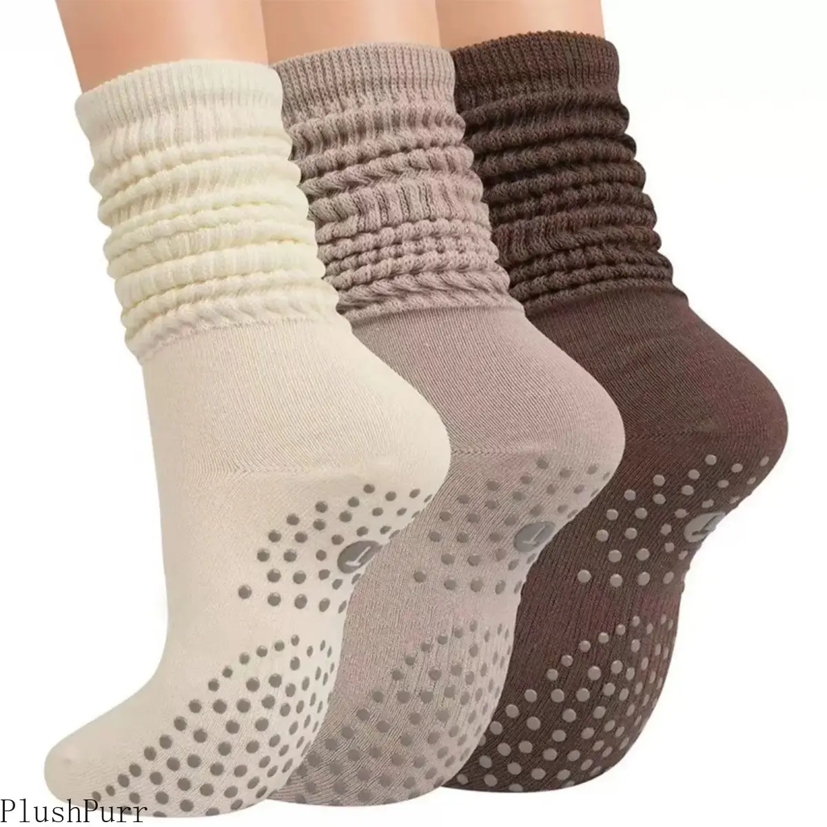 3‑Pairs Women’s Slouch Cotton Crew Socks, Cushioned Socks with Non‑Slip Grips, Comfortable Athletic Grippy Socks Perfect for Yoga, Pilates and Barre Workout Activities